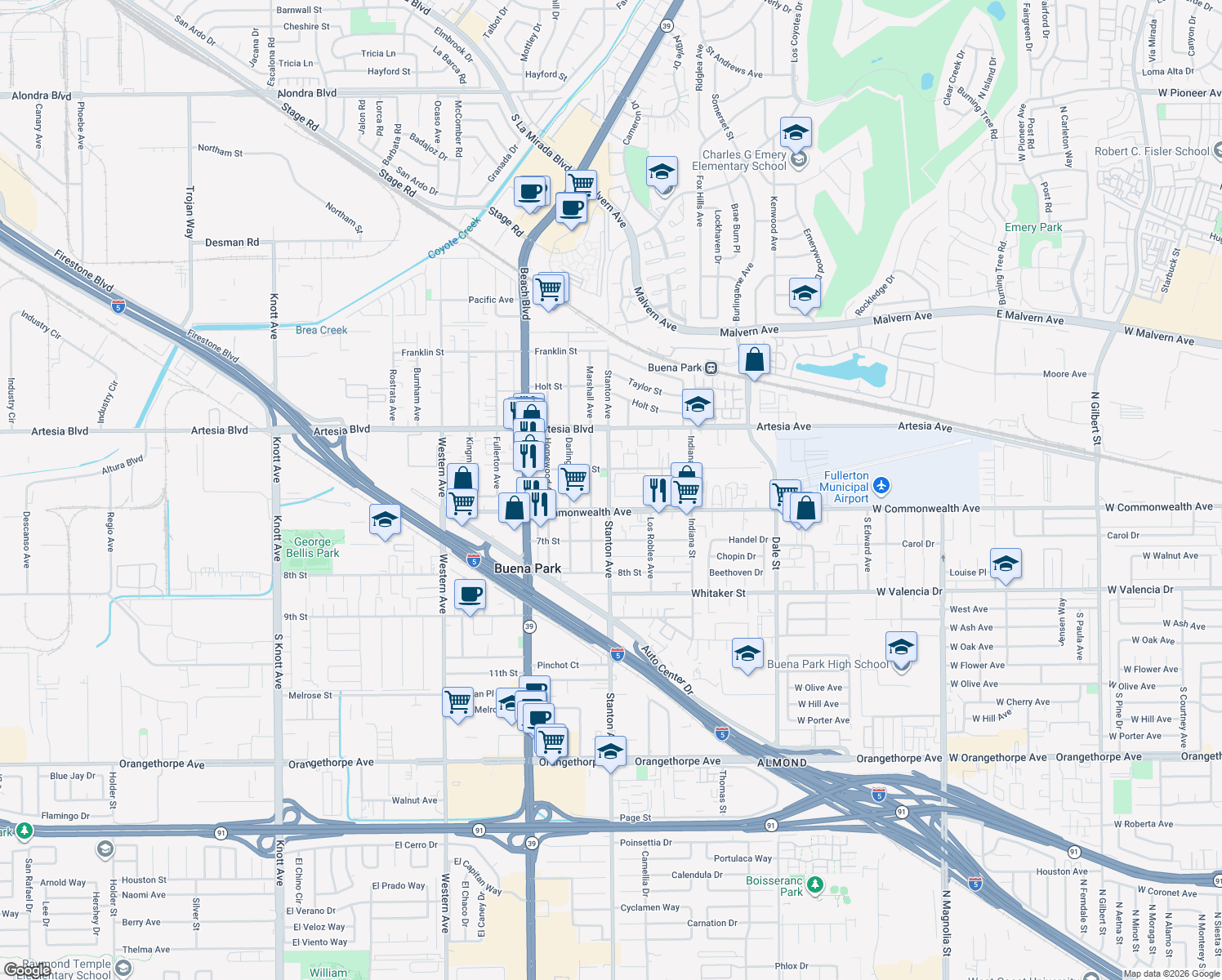map of restaurants, bars, coffee shops, grocery stores, and more near 7905 4th Street in Buena Park