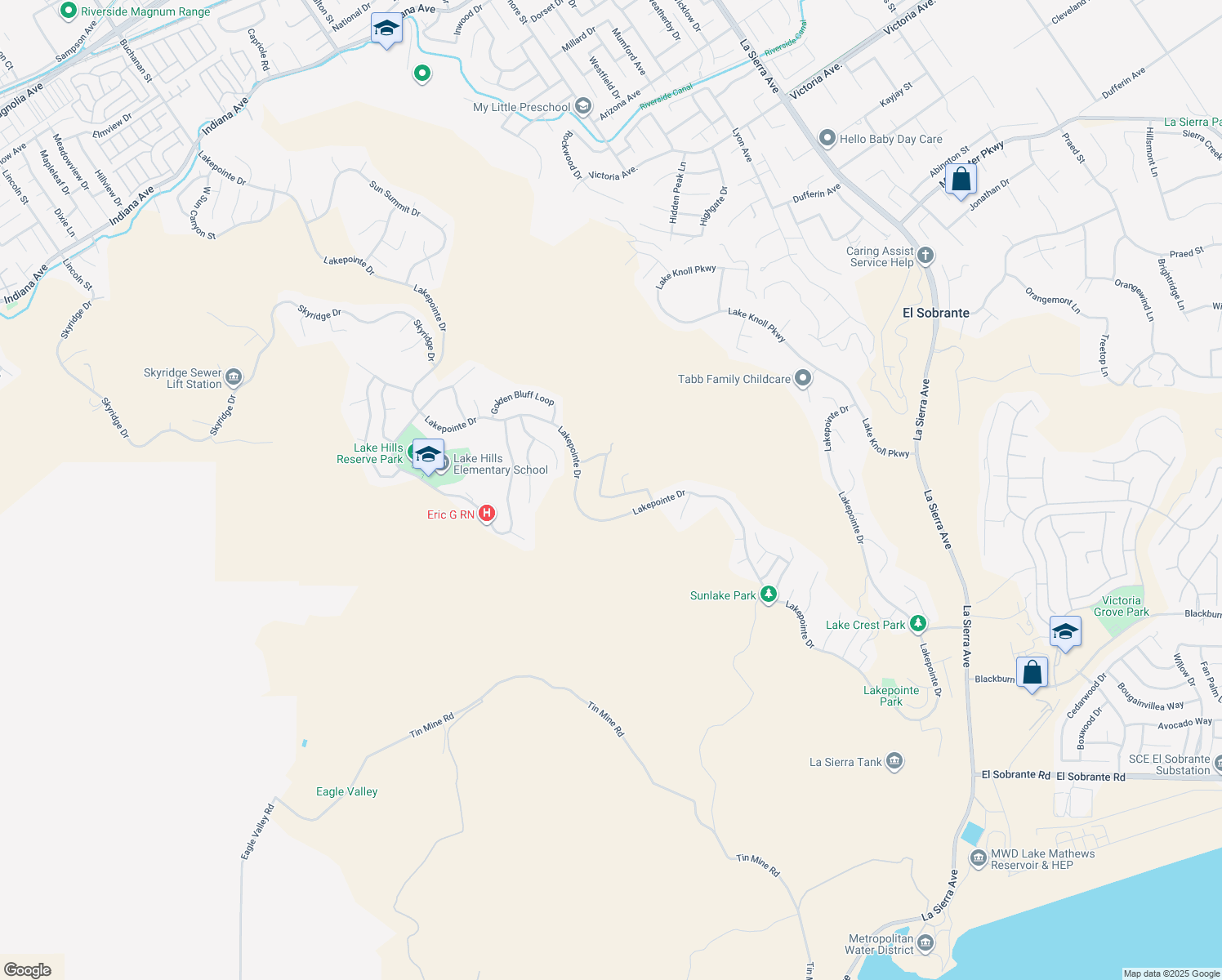 map of restaurants, bars, coffee shops, grocery stores, and more near 16952 Old Lake Road in Riverside