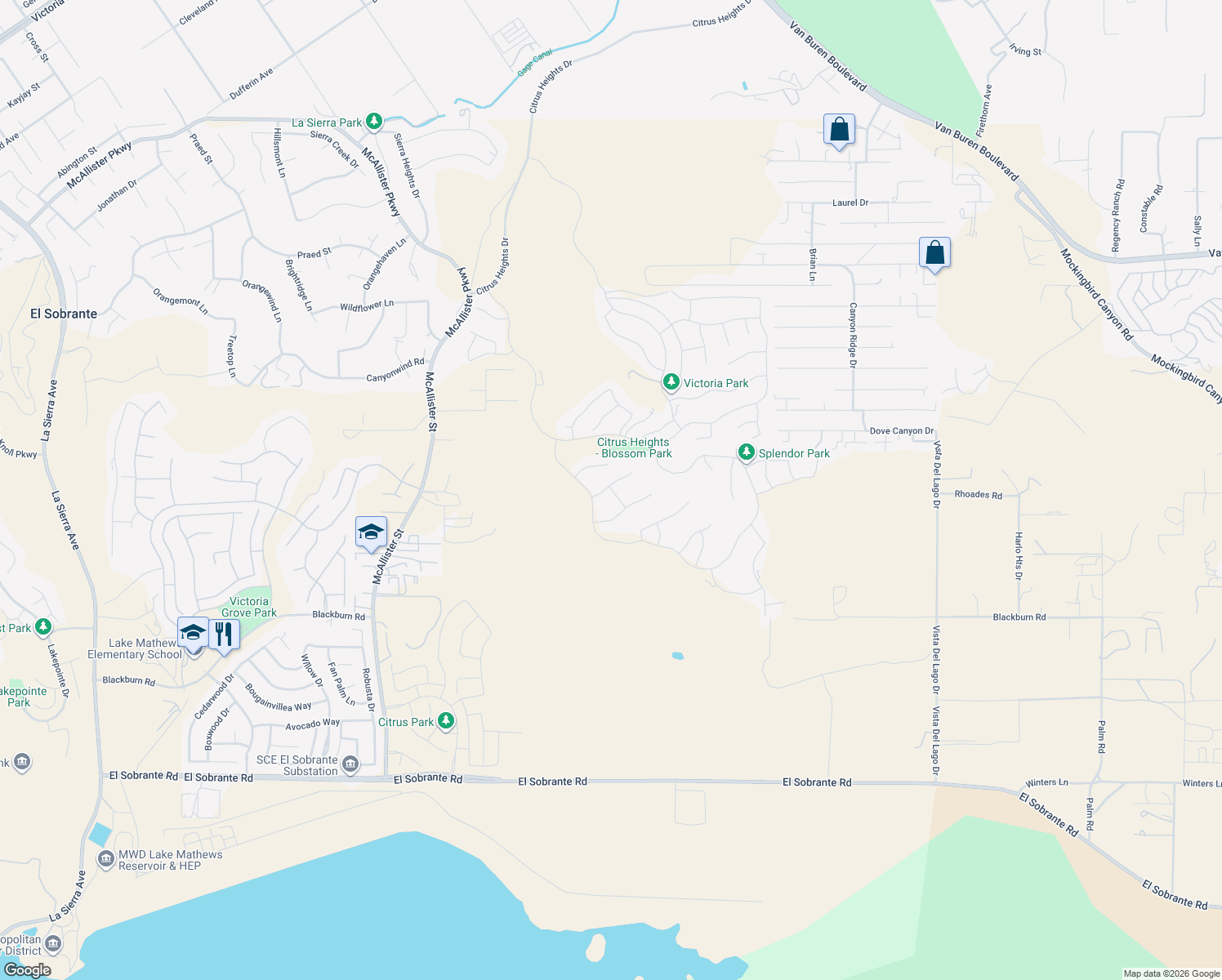 map of restaurants, bars, coffee shops, grocery stores, and more near 13464 Gold Medal Court in Riverside