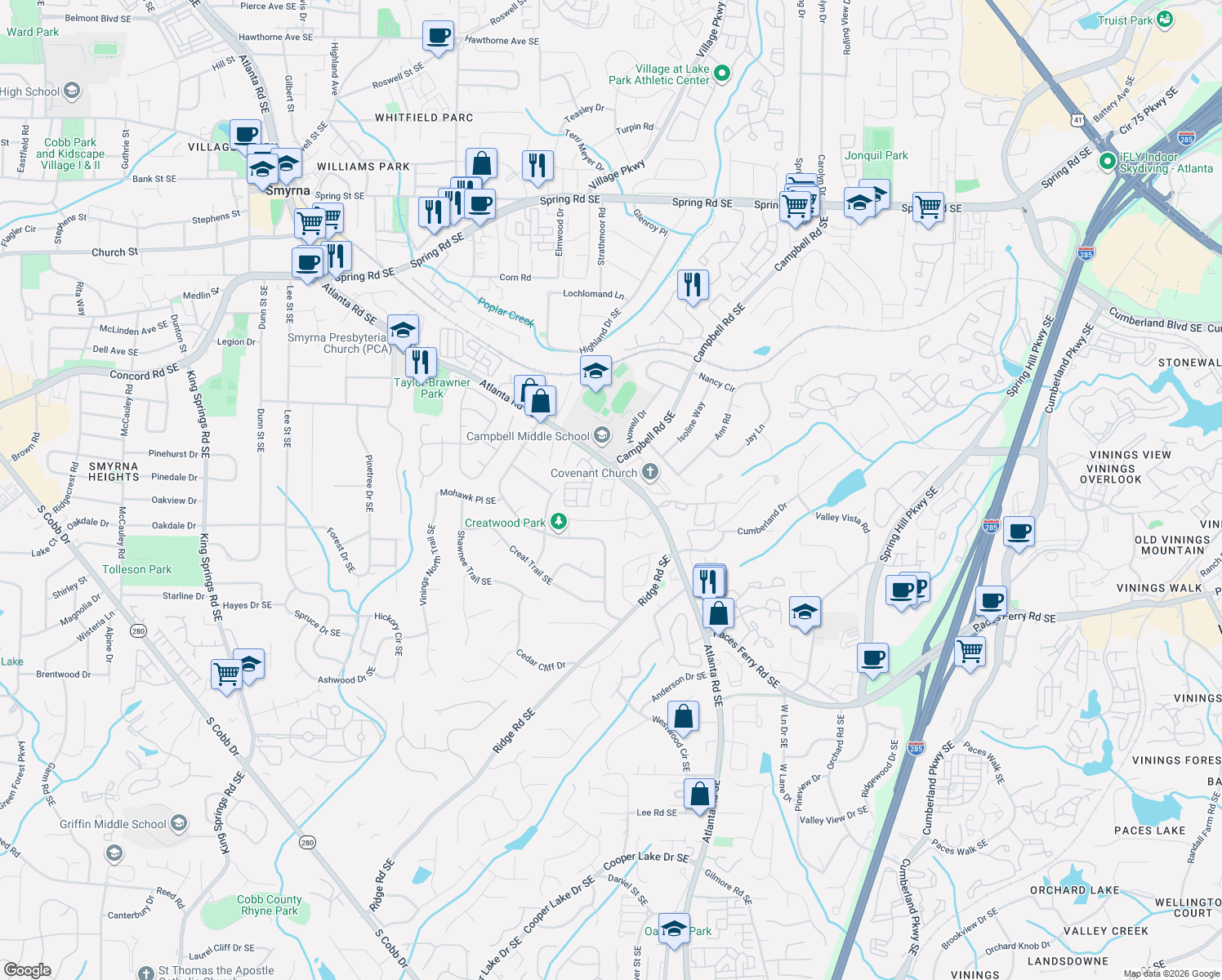 map of restaurants, bars, coffee shops, grocery stores, and more near 132 Rondak Circle in Smyrna