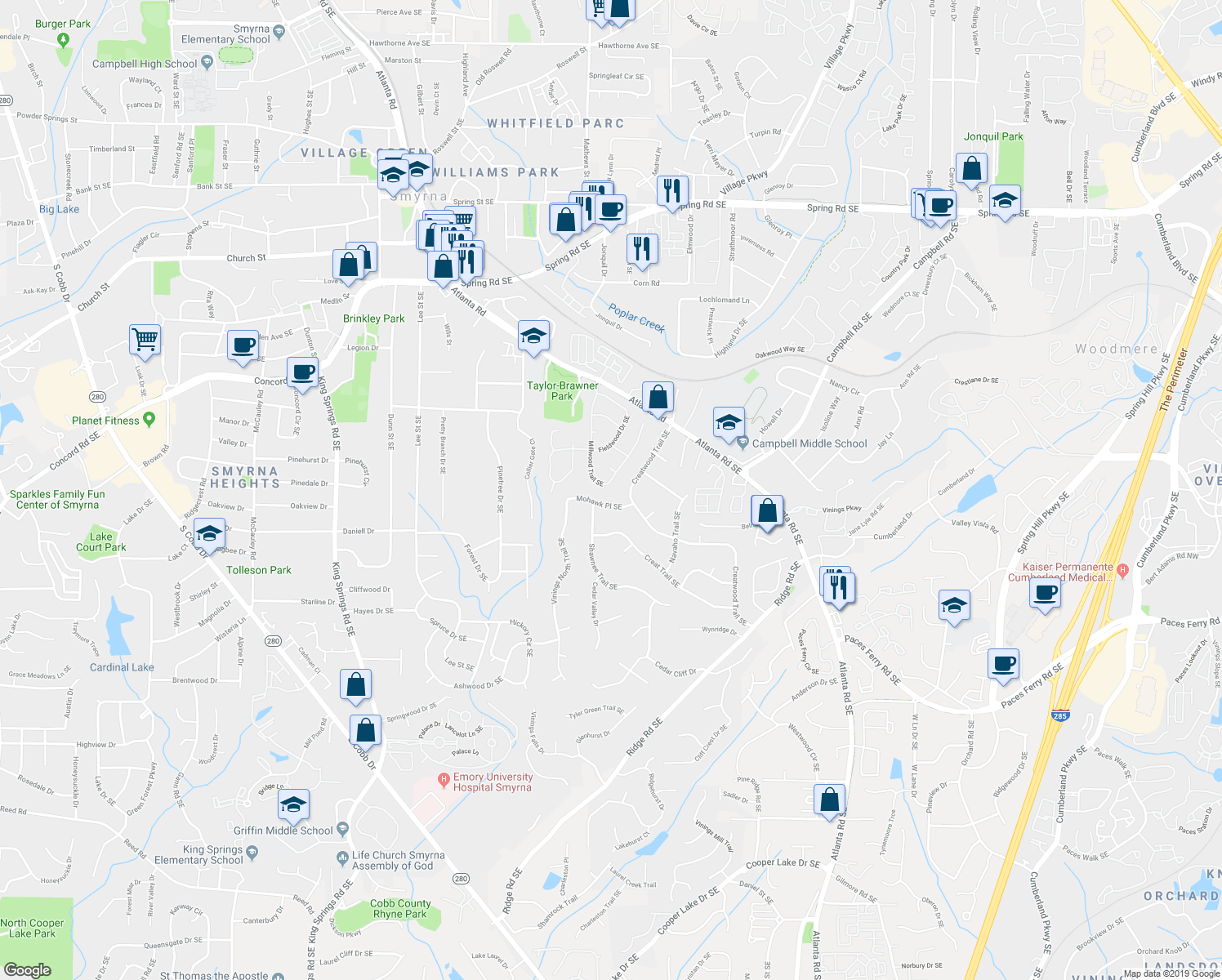 map of restaurants, bars, coffee shops, grocery stores, and more near 3258 Millwood Trail Southeast in Smyrna