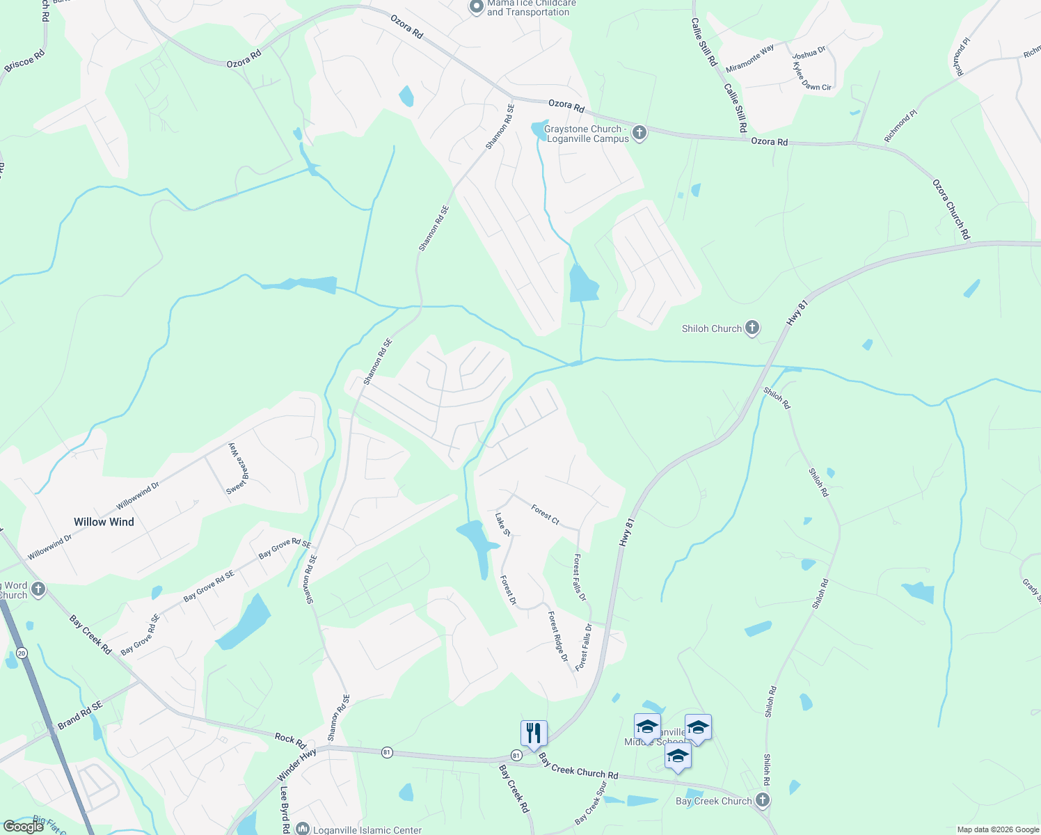 map of restaurants, bars, coffee shops, grocery stores, and more near Bald Eagle Drive in Loganville