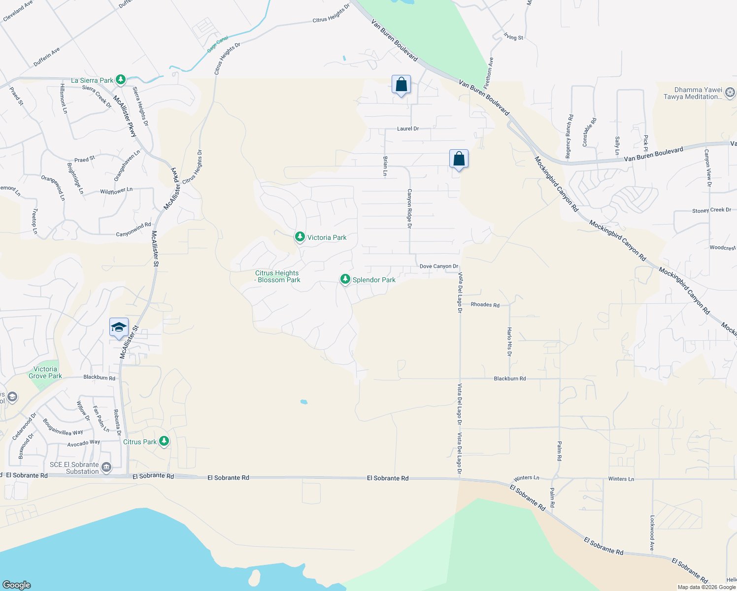 map of restaurants, bars, coffee shops, grocery stores, and more near 14069 Dove Canyon Drive in Riverside