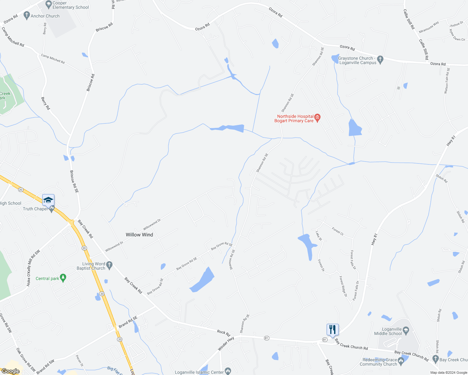 map of restaurants, bars, coffee shops, grocery stores, and more near Cedar Springs Lane Southeast in Loganville