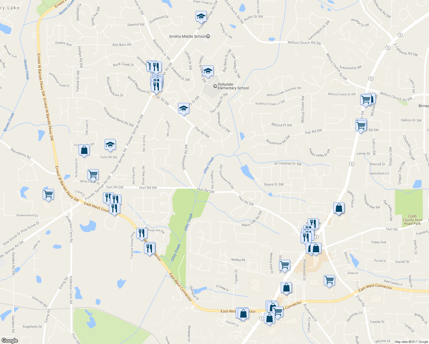 map of restaurants, bars, coffee shops, grocery stores, and more near 3436 Finglas Drive Southwest in Marietta