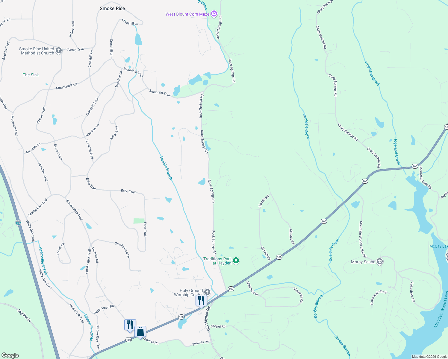 map of restaurants, bars, coffee shops, grocery stores, and more near 159 Springs Cove Road in Warrior