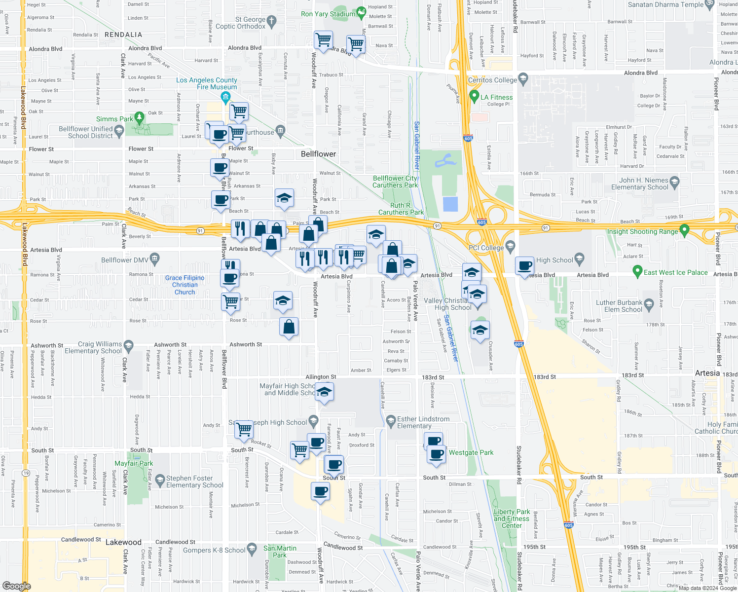 map of restaurants, bars, coffee shops, grocery stores, and more near 17611 Regency Circle in Bellflower