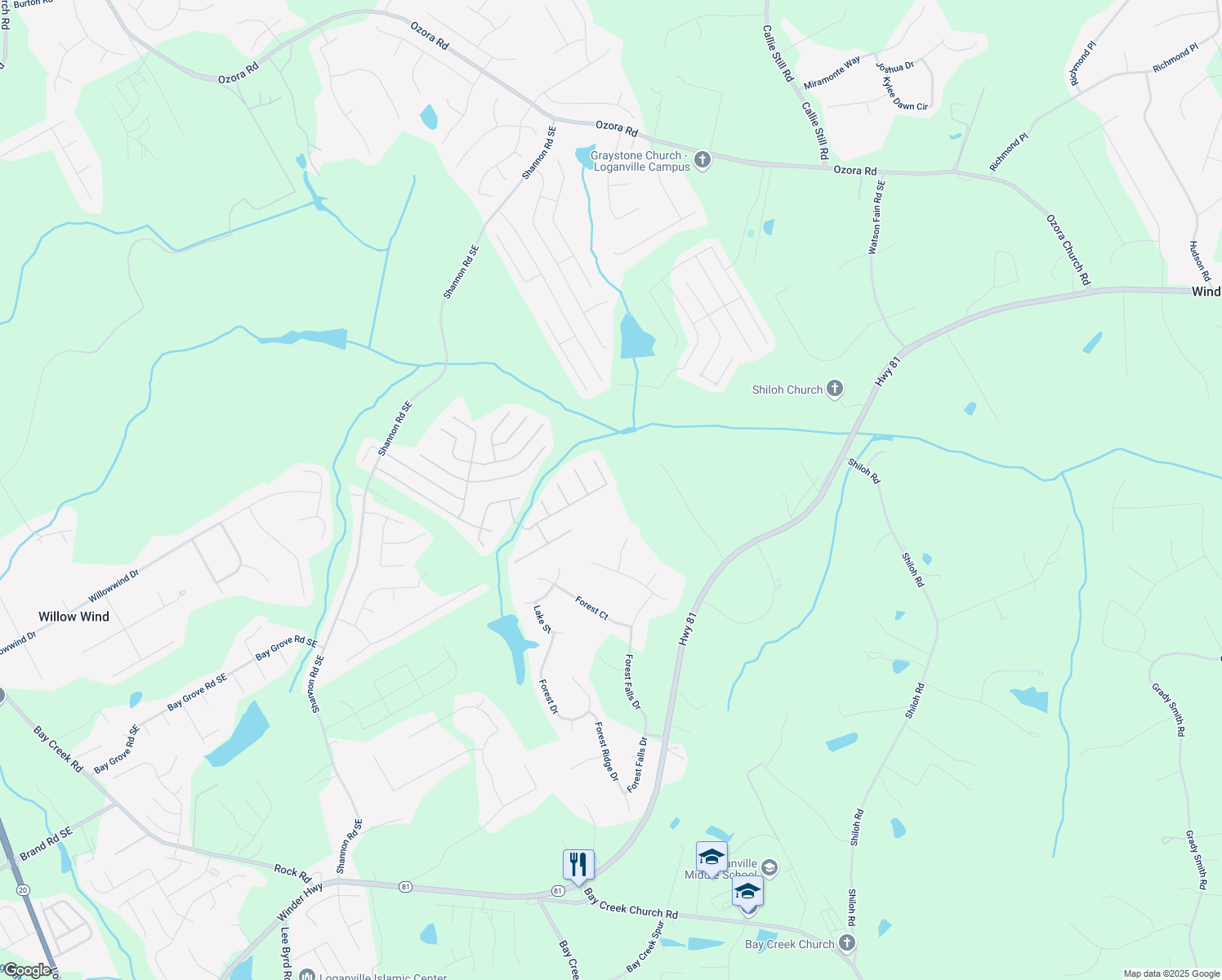 map of restaurants, bars, coffee shops, grocery stores, and more near 1161 High Tide Court in Loganville