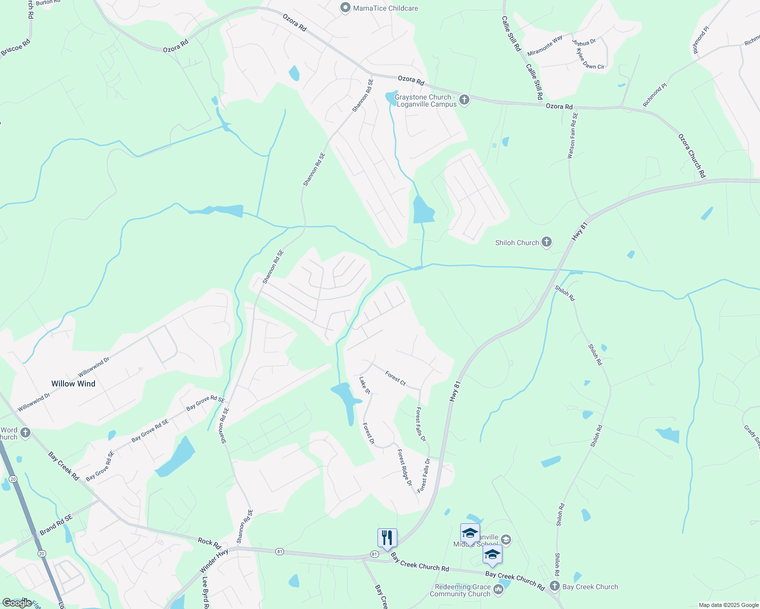 map of restaurants, bars, coffee shops, grocery stores, and more near 3826 Bald Eagle Drive in Loganville