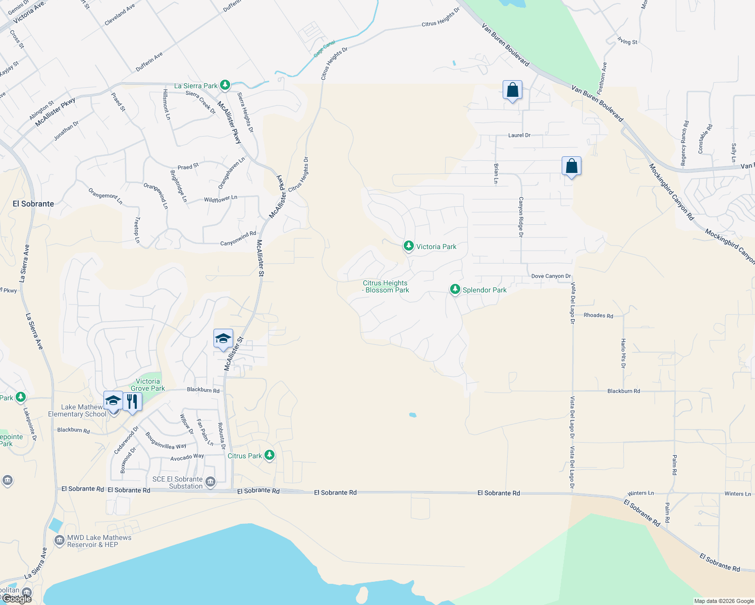 map of restaurants, bars, coffee shops, grocery stores, and more near 13464 Gold Medal Court in Riverside