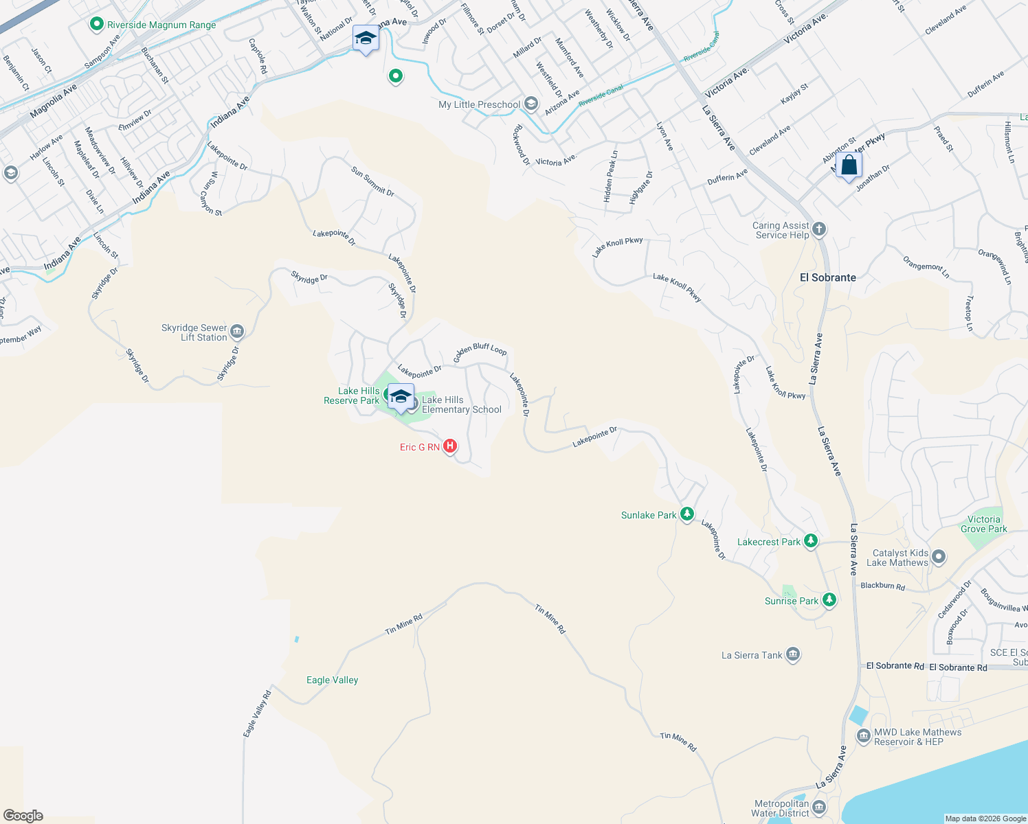 map of restaurants, bars, coffee shops, grocery stores, and more near 17122 Broken Rock Court in Riverside