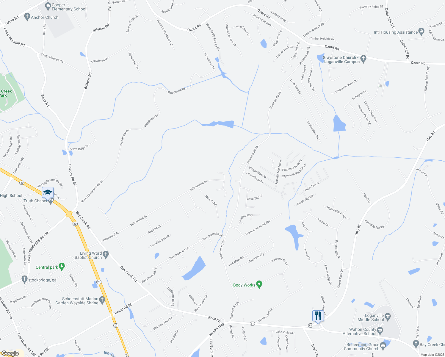 map of restaurants, bars, coffee shops, grocery stores, and more near 774 Willowwind Drive in Loganville