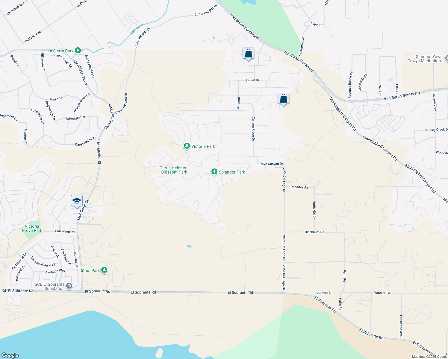 map of restaurants, bars, coffee shops, grocery stores, and more near 17042 Meteor Way in Riverside