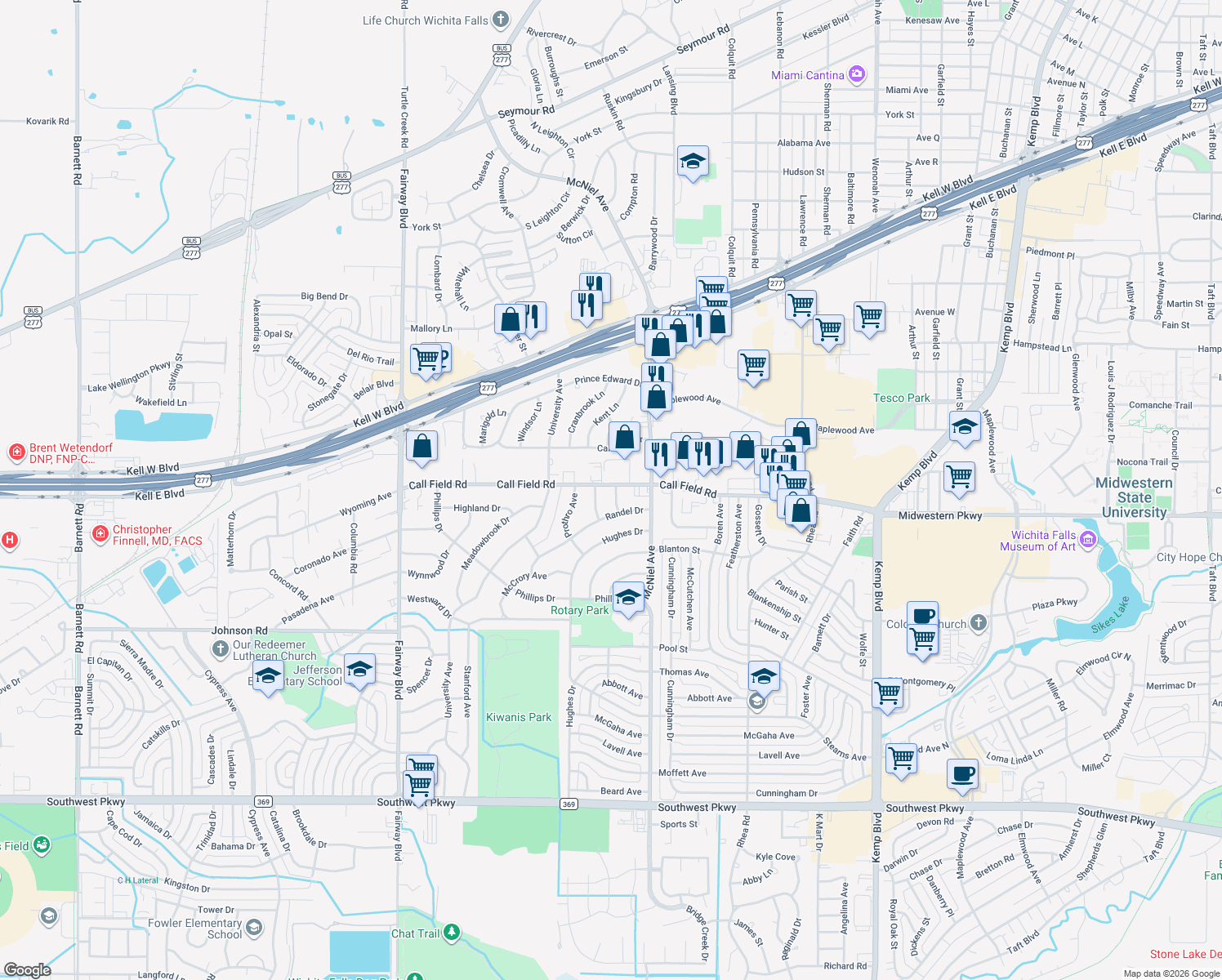 map of restaurants, bars, coffee shops, grocery stores, and more near 4200 Preston Drive in Wichita Falls