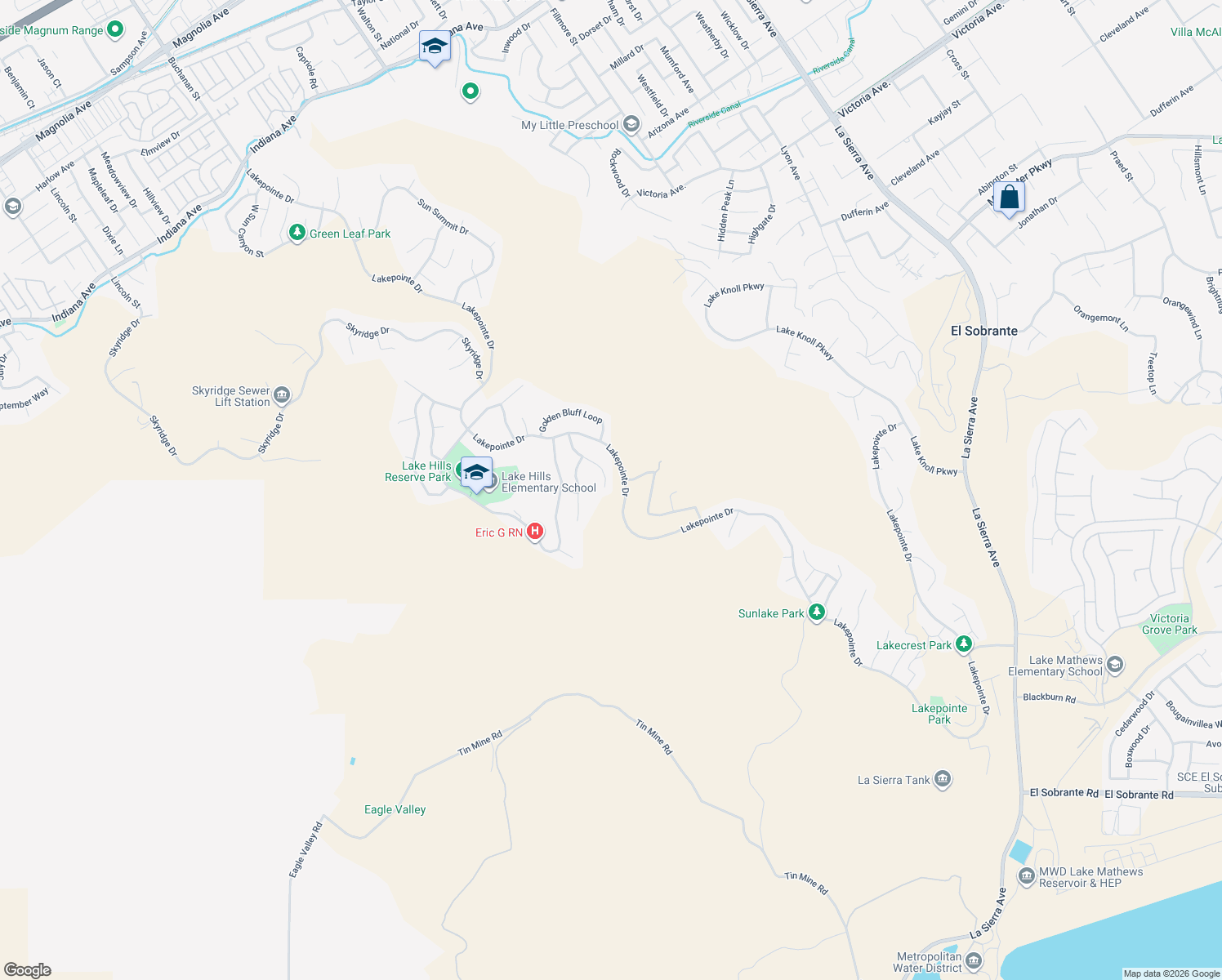 map of restaurants, bars, coffee shops, grocery stores, and more near 17139 Broken Rock Court in Riverside