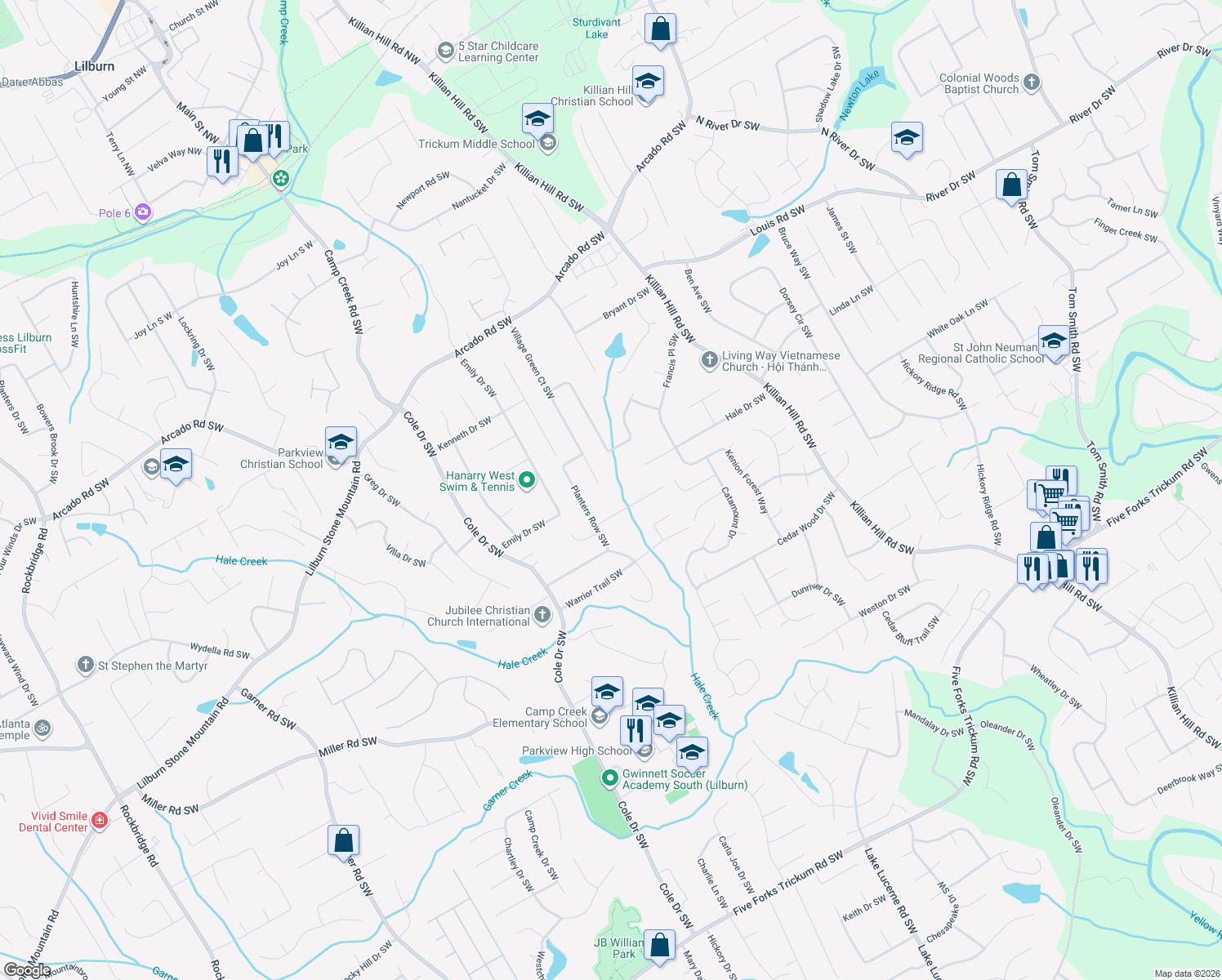 map of restaurants, bars, coffee shops, grocery stores, and more near 580 Village Green Ct SW in Lilburn
