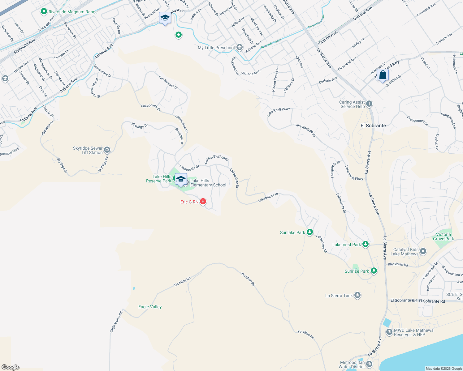 map of restaurants, bars, coffee shops, grocery stores, and more near 17122 Broken Rock Court in Riverside