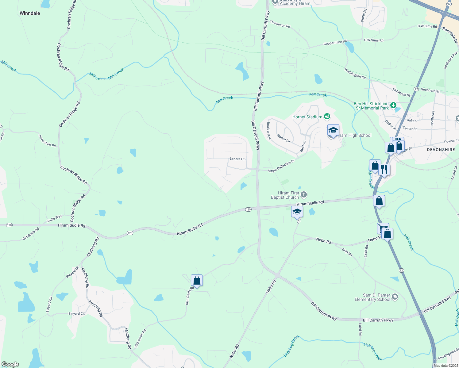 map of restaurants, bars, coffee shops, grocery stores, and more near 60 Kennedy Court in Hiram