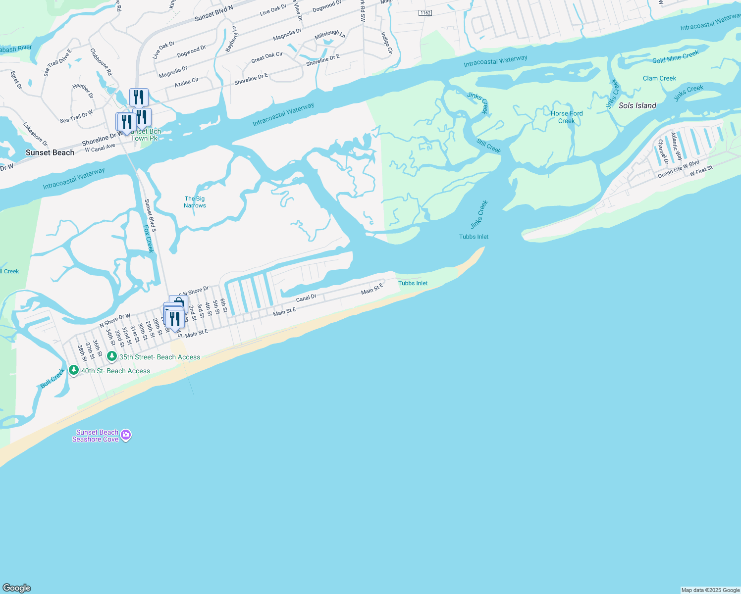 map of restaurants, bars, coffee shops, grocery stores, and more near 1716 East Main Street in Sunset Beach