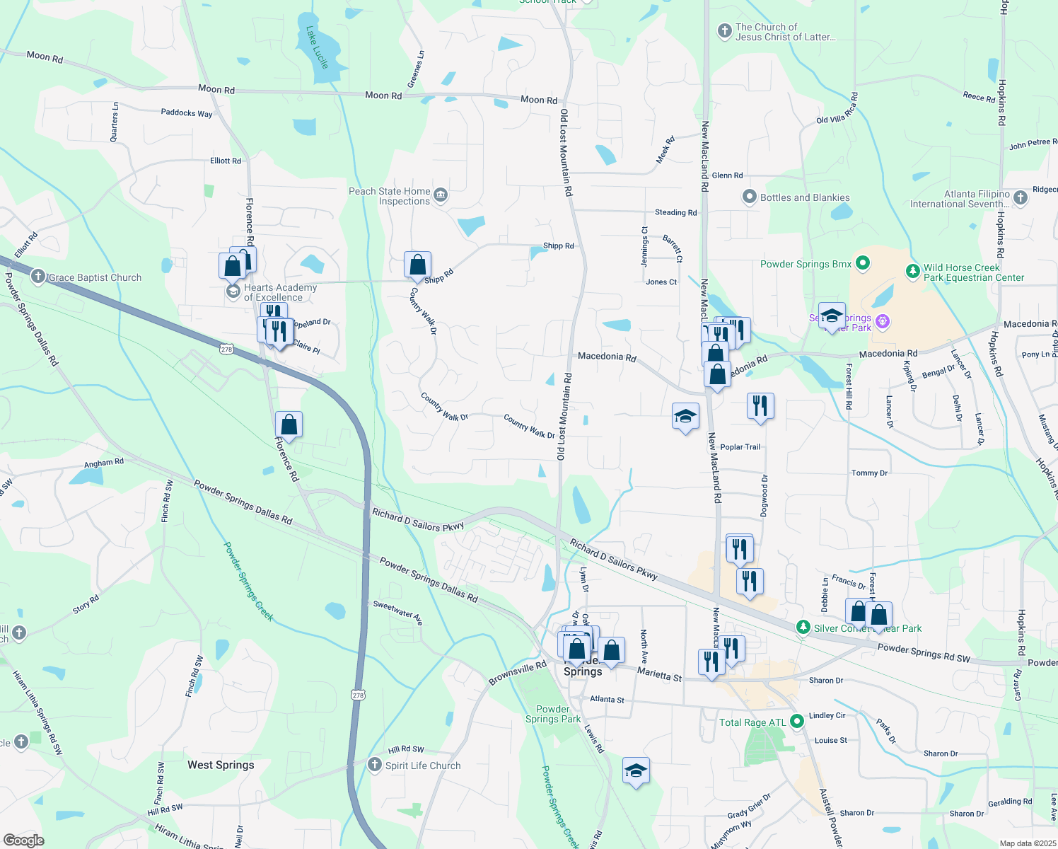 map of restaurants, bars, coffee shops, grocery stores, and more near 3285 Country Walk Dr in Powder Springs