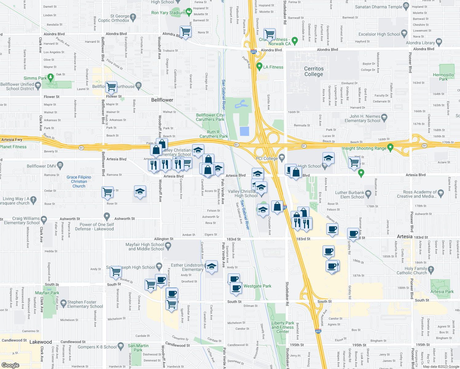 map of restaurants, bars, coffee shops, grocery stores, and more near 17800 Palo Verde Avenue in Cerritos
