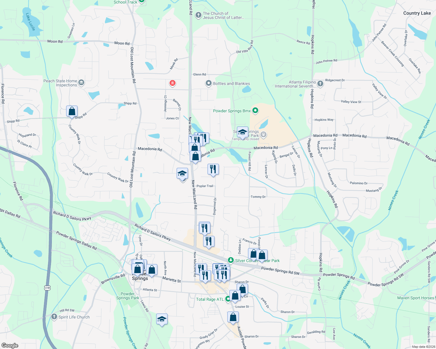 map of restaurants, bars, coffee shops, grocery stores, and more near 3290 Dogwood Drive in Powder Springs
