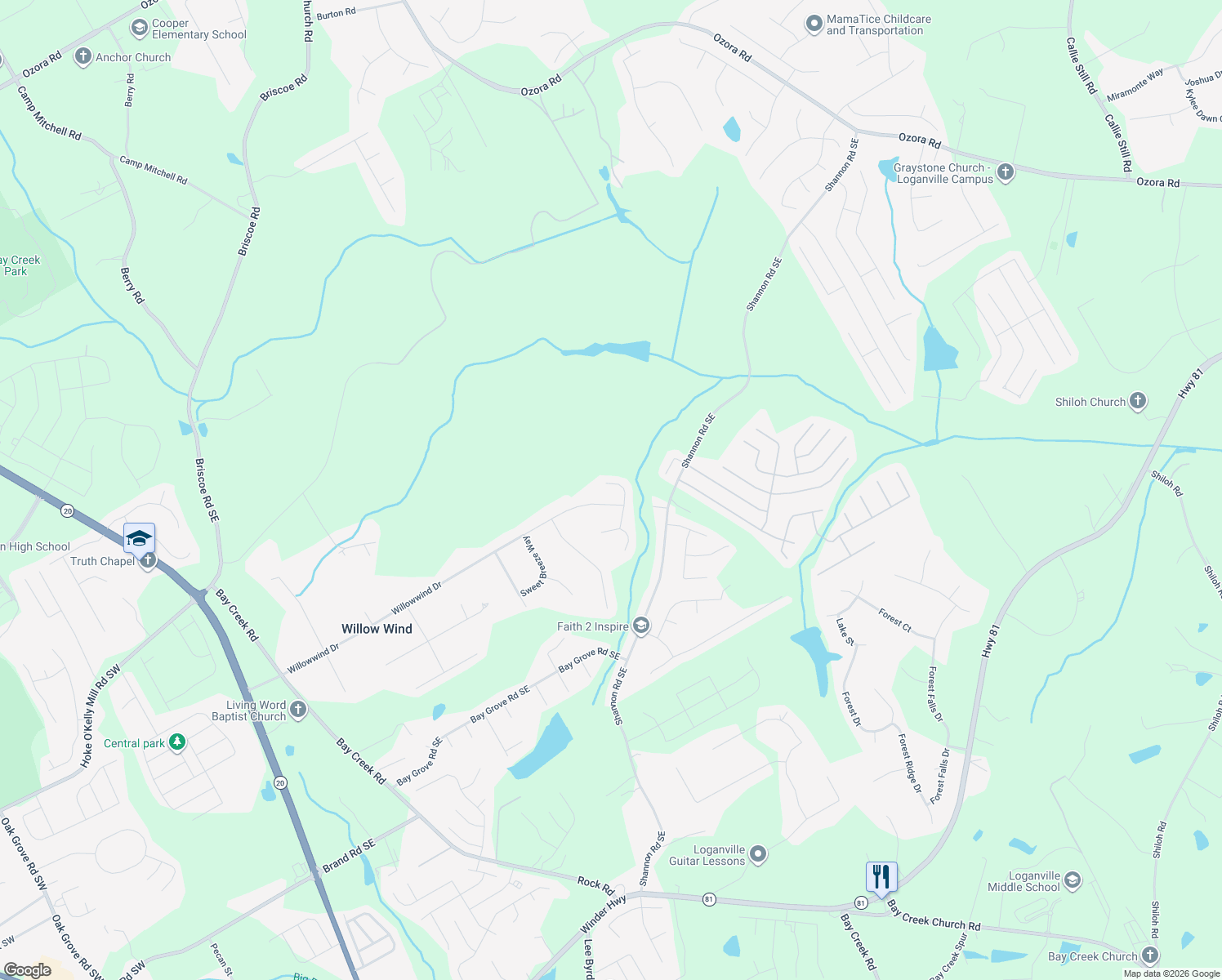 map of restaurants, bars, coffee shops, grocery stores, and more near 3621 Cedar Springs Lane Southeast in Loganville