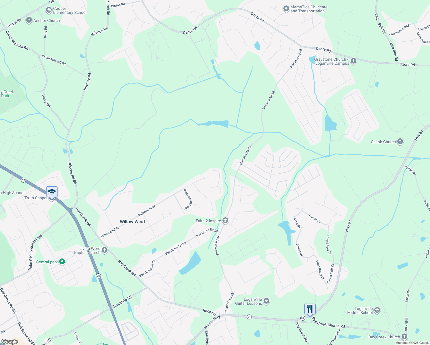 map of restaurants, bars, coffee shops, grocery stores, and more near 3621 Cedar Springs Lane Southeast in Loganville
