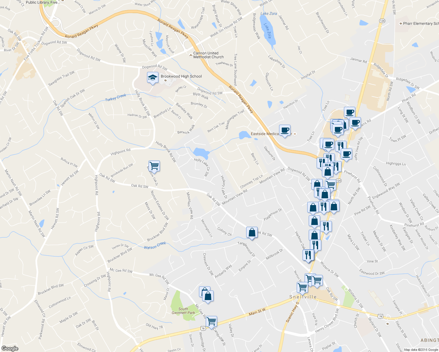map of restaurants, bars, coffee shops, grocery stores, and more near 1681 Hickory Lake Dr in Snellville
