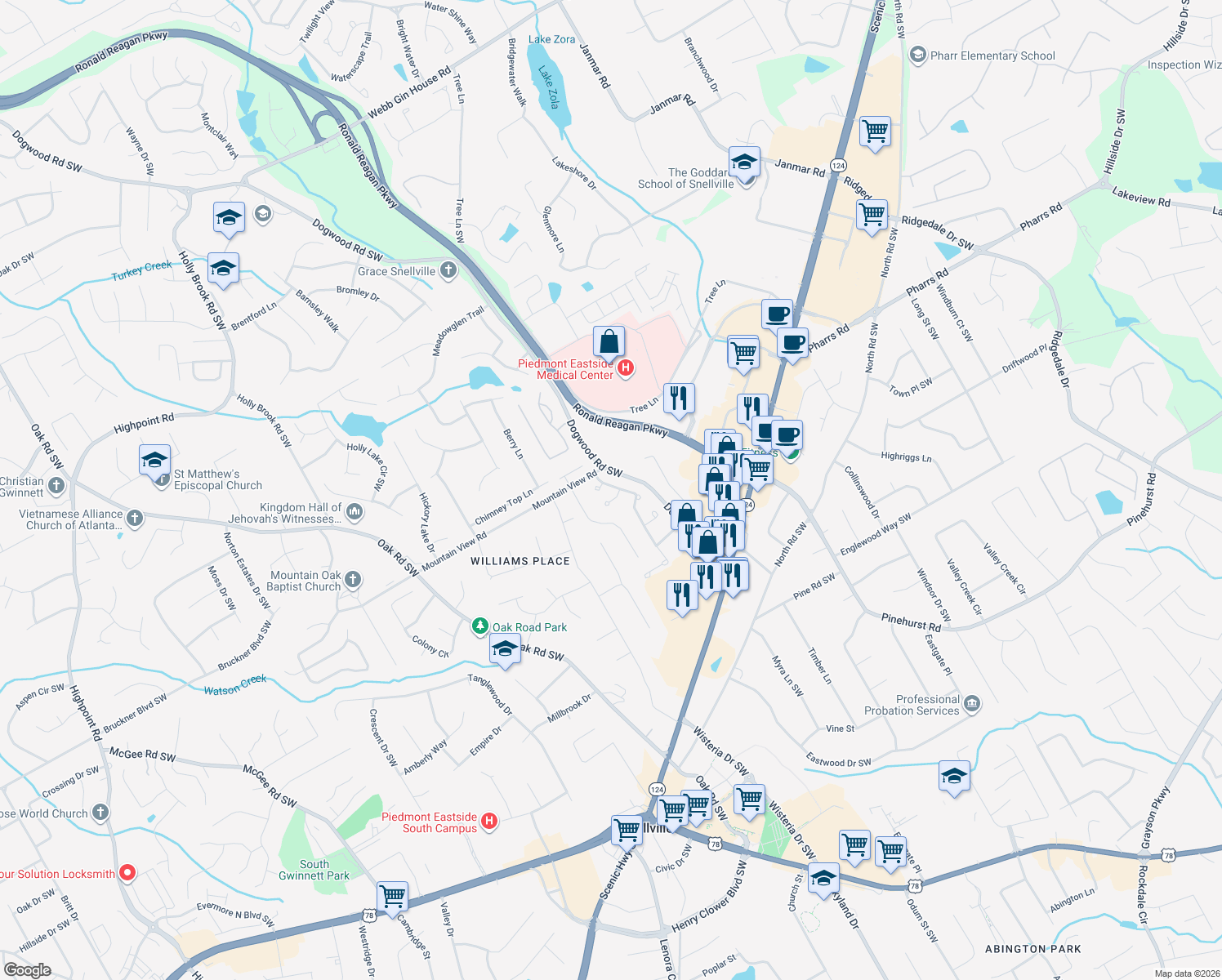 map of restaurants, bars, coffee shops, grocery stores, and more near 1845 Stockton Walk Ln in Snellville