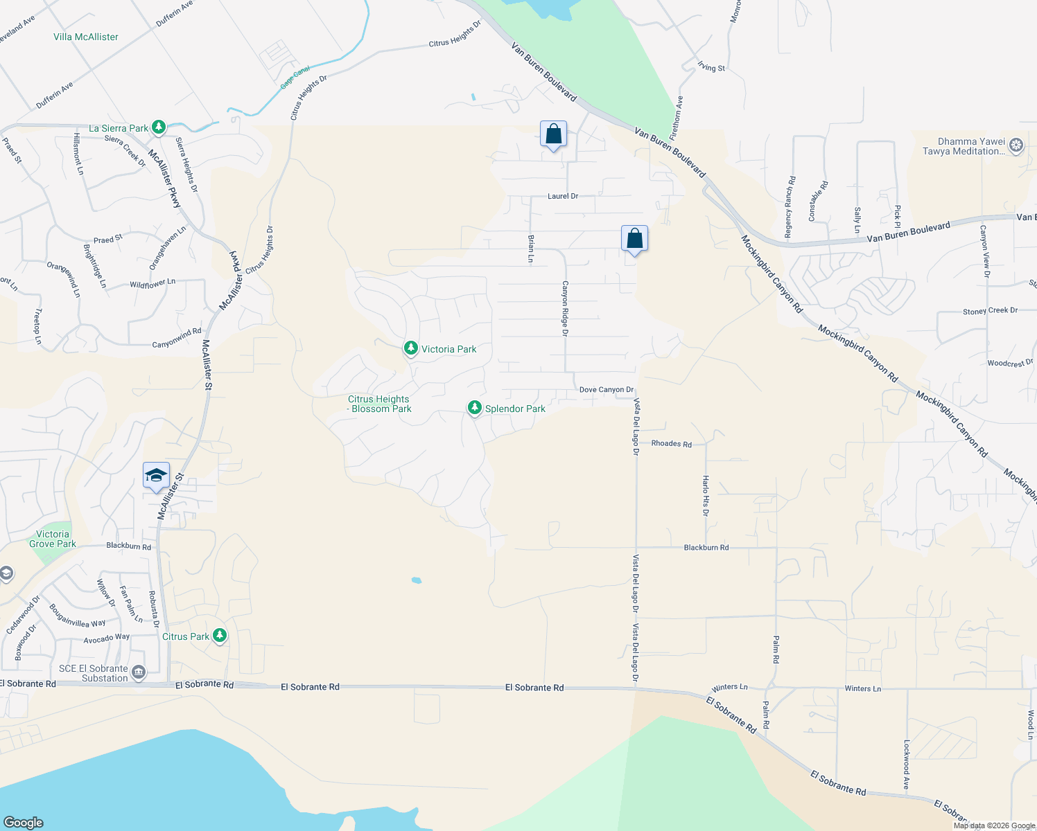 map of restaurants, bars, coffee shops, grocery stores, and more near 14069 Dove Canyon Drive in Riverside