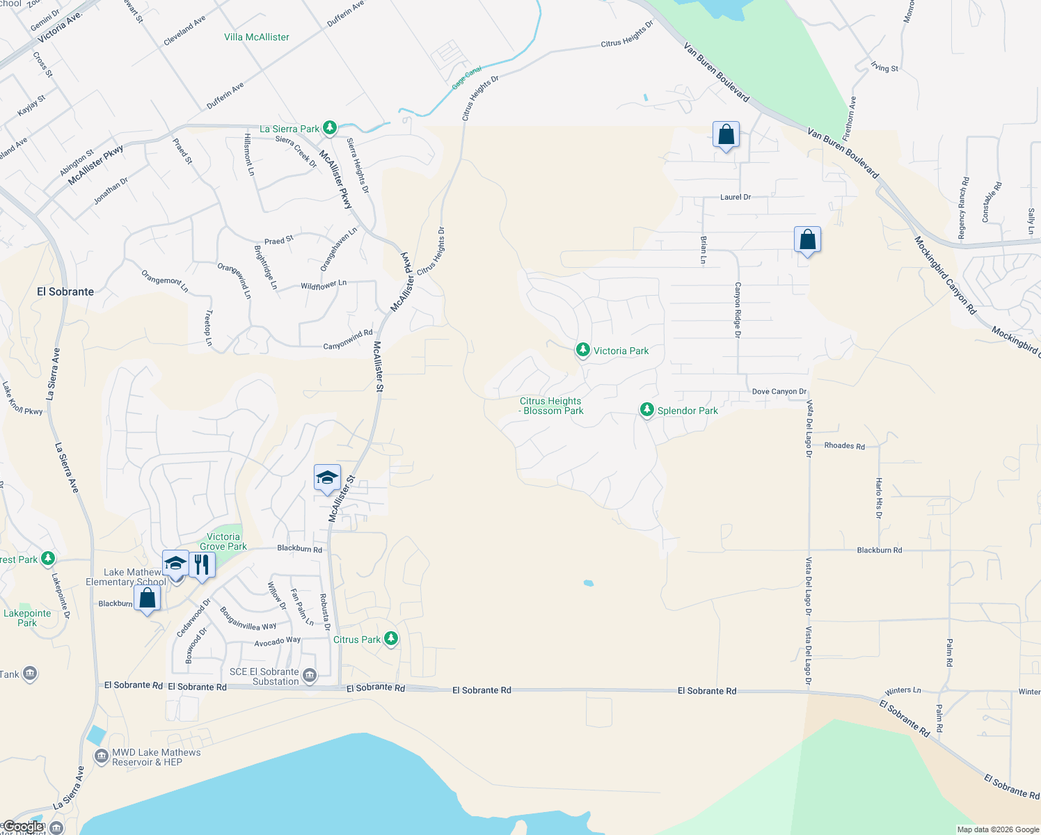 map of restaurants, bars, coffee shops, grocery stores, and more near 13438 Ambrosia Court in Riverside