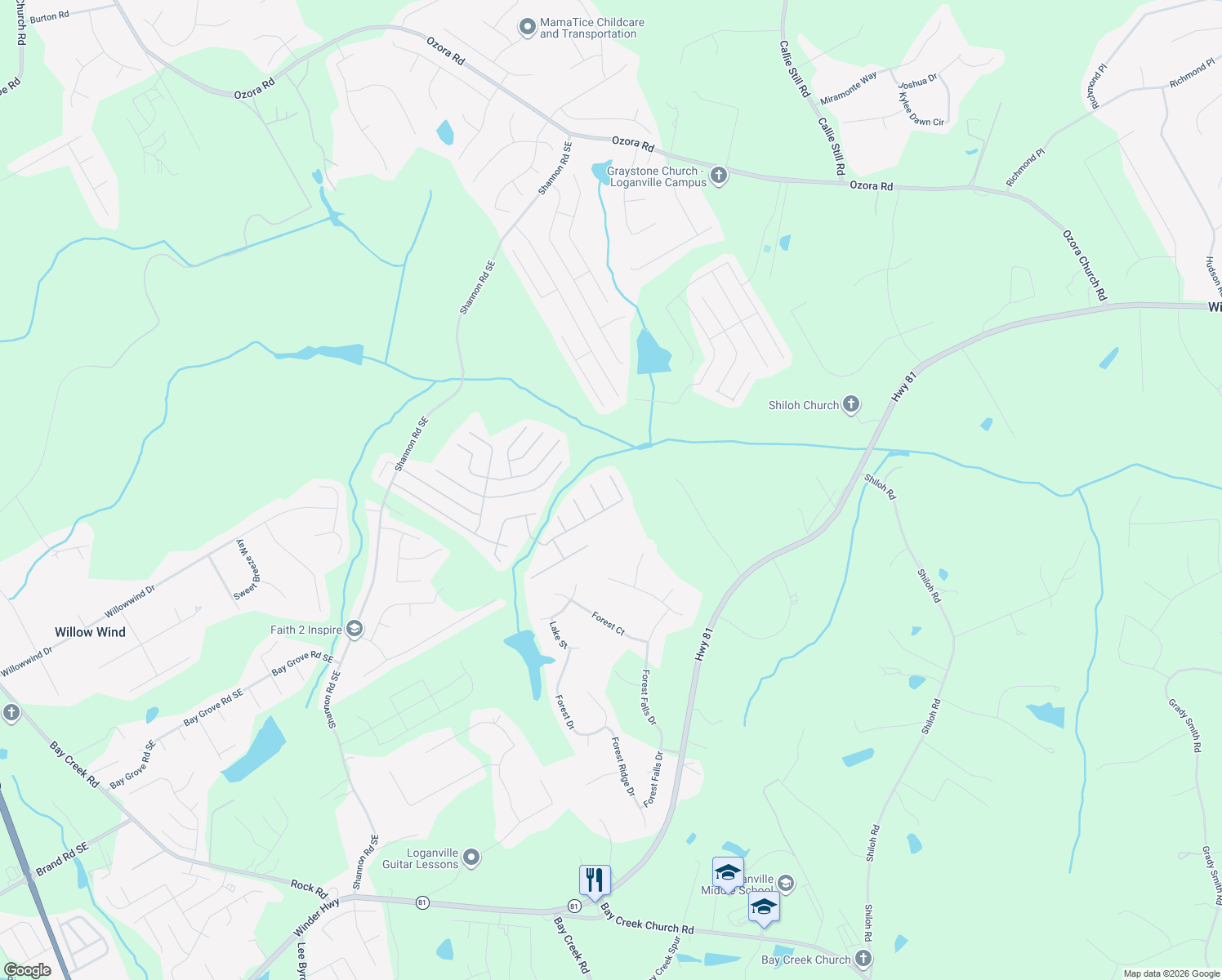 map of restaurants, bars, coffee shops, grocery stores, and more near 1230 High Tide Court in Loganville