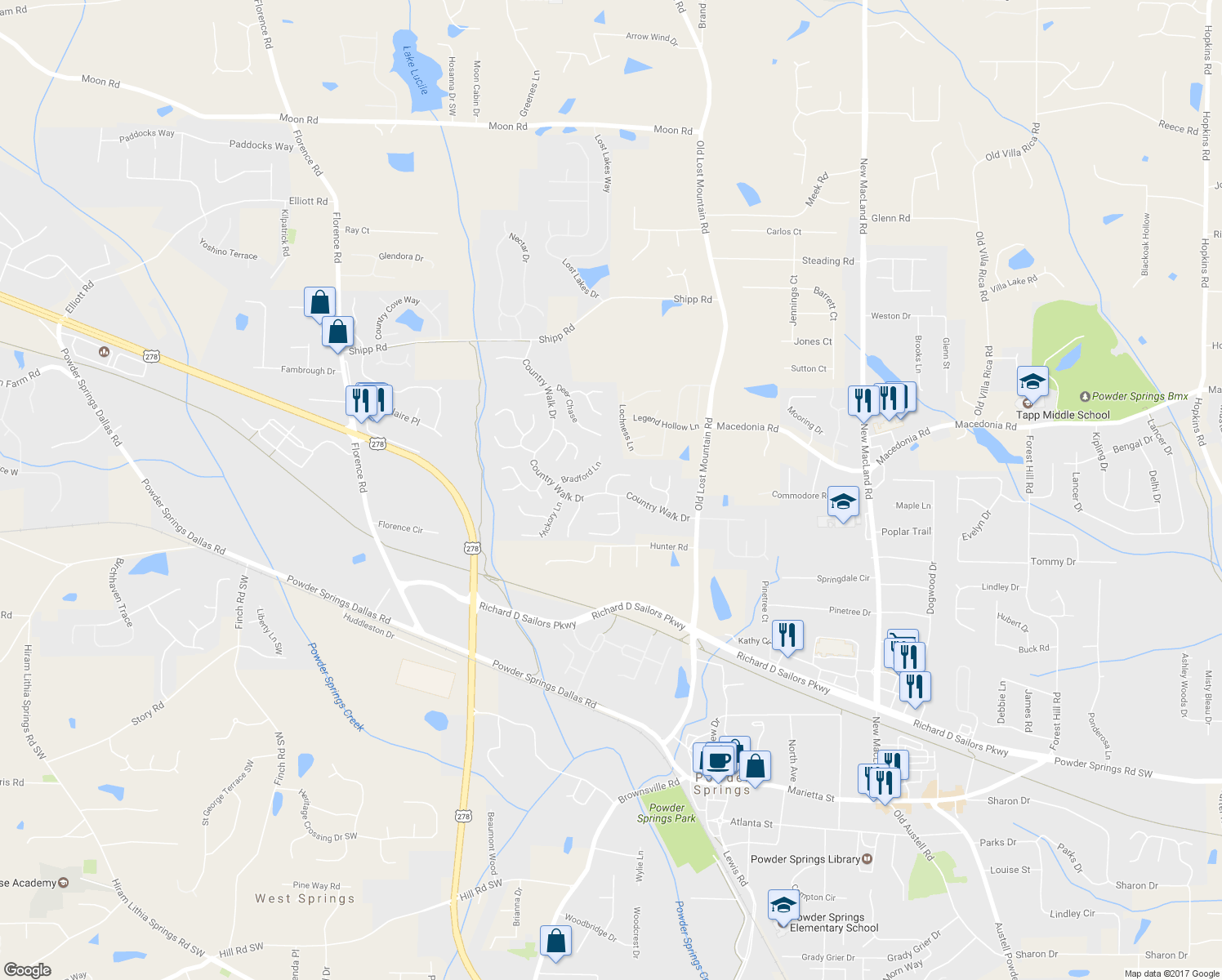 map of restaurants, bars, coffee shops, grocery stores, and more near 3265 Country Walk Drive in Powder Springs