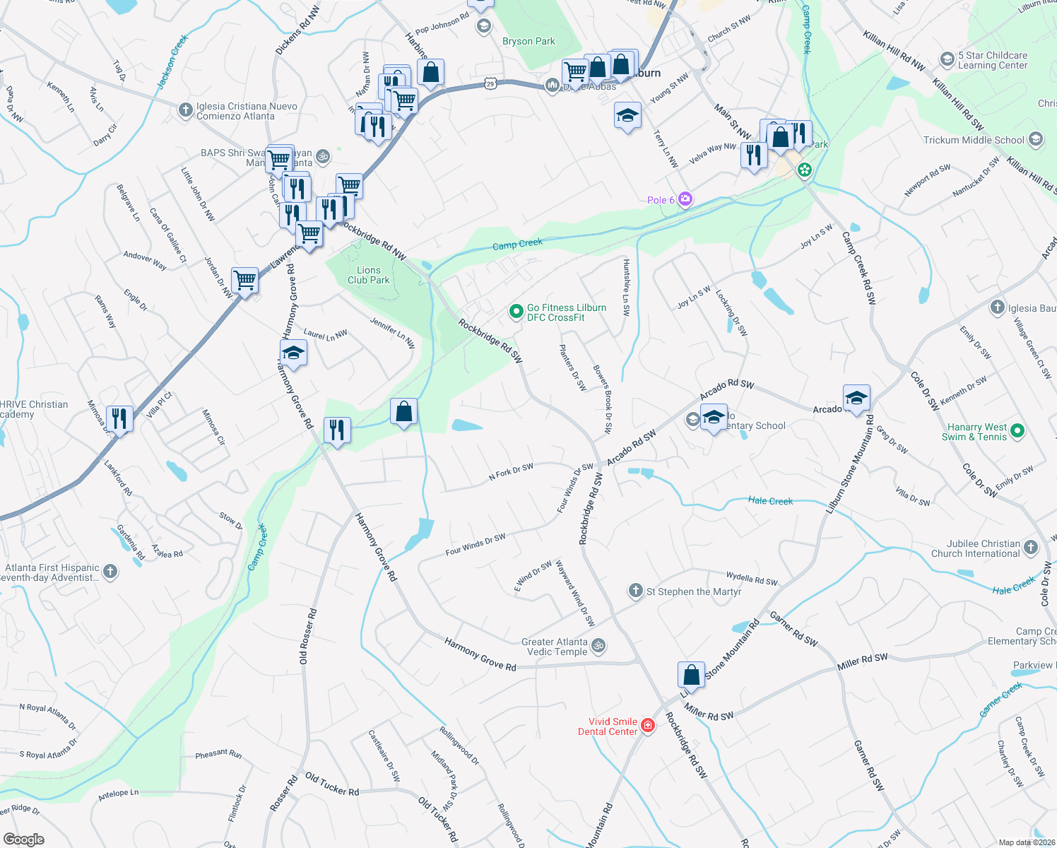 map of restaurants, bars, coffee shops, grocery stores, and more near 110 Fourche Place Southwest in Lilburn