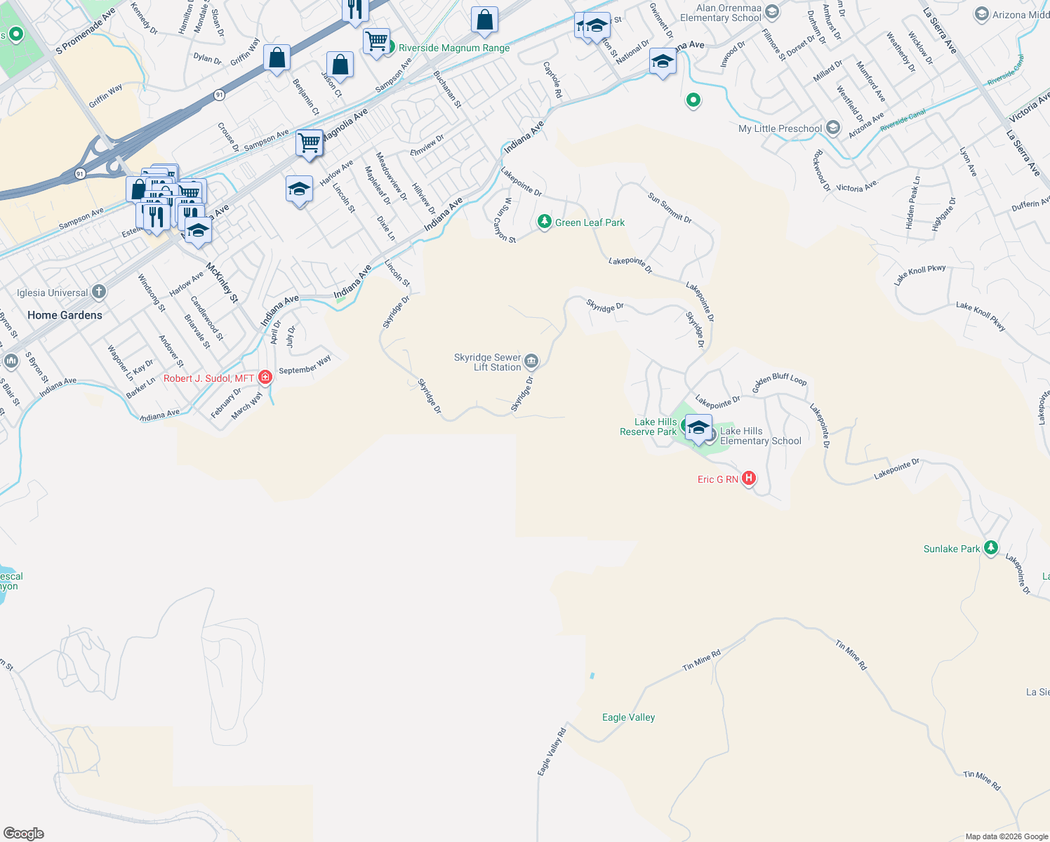 map of restaurants, bars, coffee shops, grocery stores, and more near 15775 Laurel Branch Court in Riverside