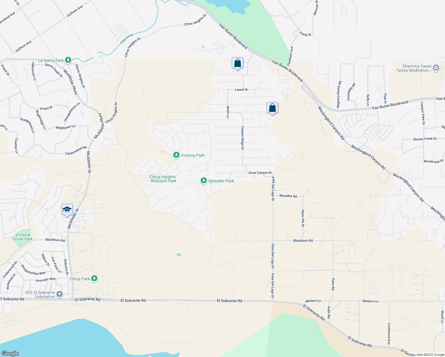 map of restaurants, bars, coffee shops, grocery stores, and more near Dove Canyon Drive in Riverside