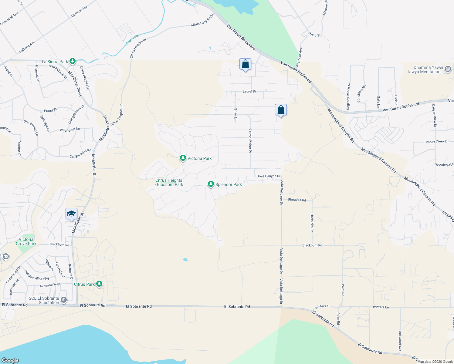 map of restaurants, bars, coffee shops, grocery stores, and more near 14069 Dove Canyon Drive in Riverside