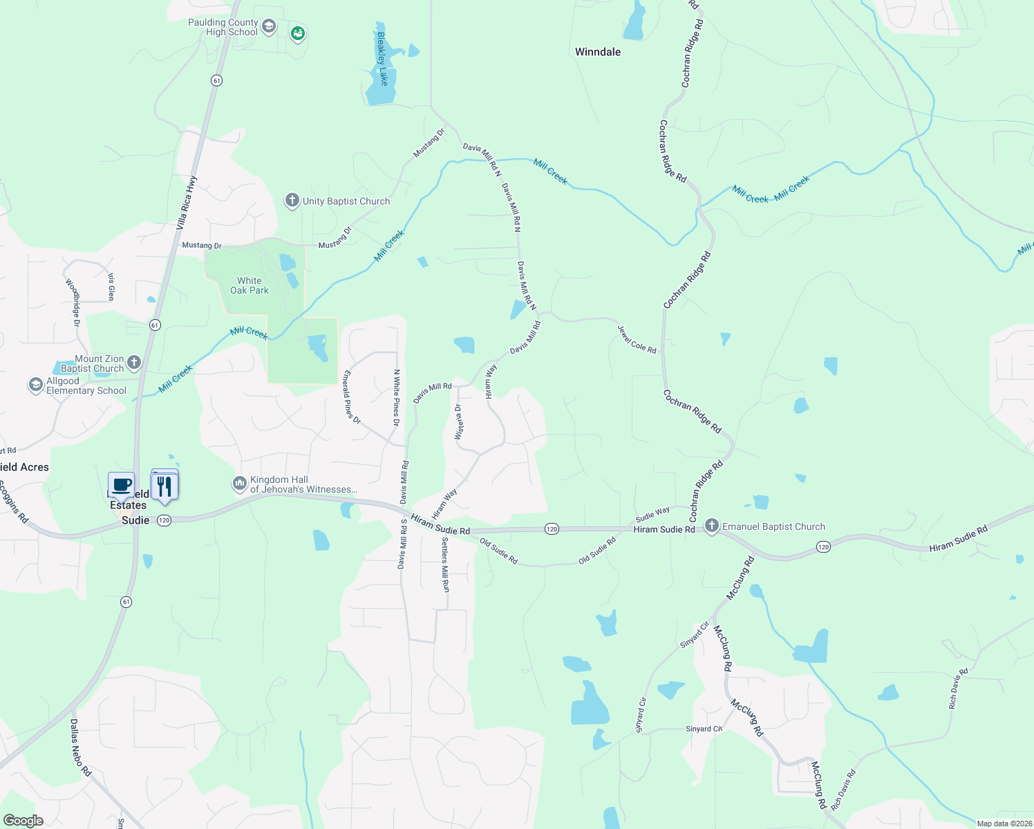 map of restaurants, bars, coffee shops, grocery stores, and more near 107 Barrington Lane in Hiram