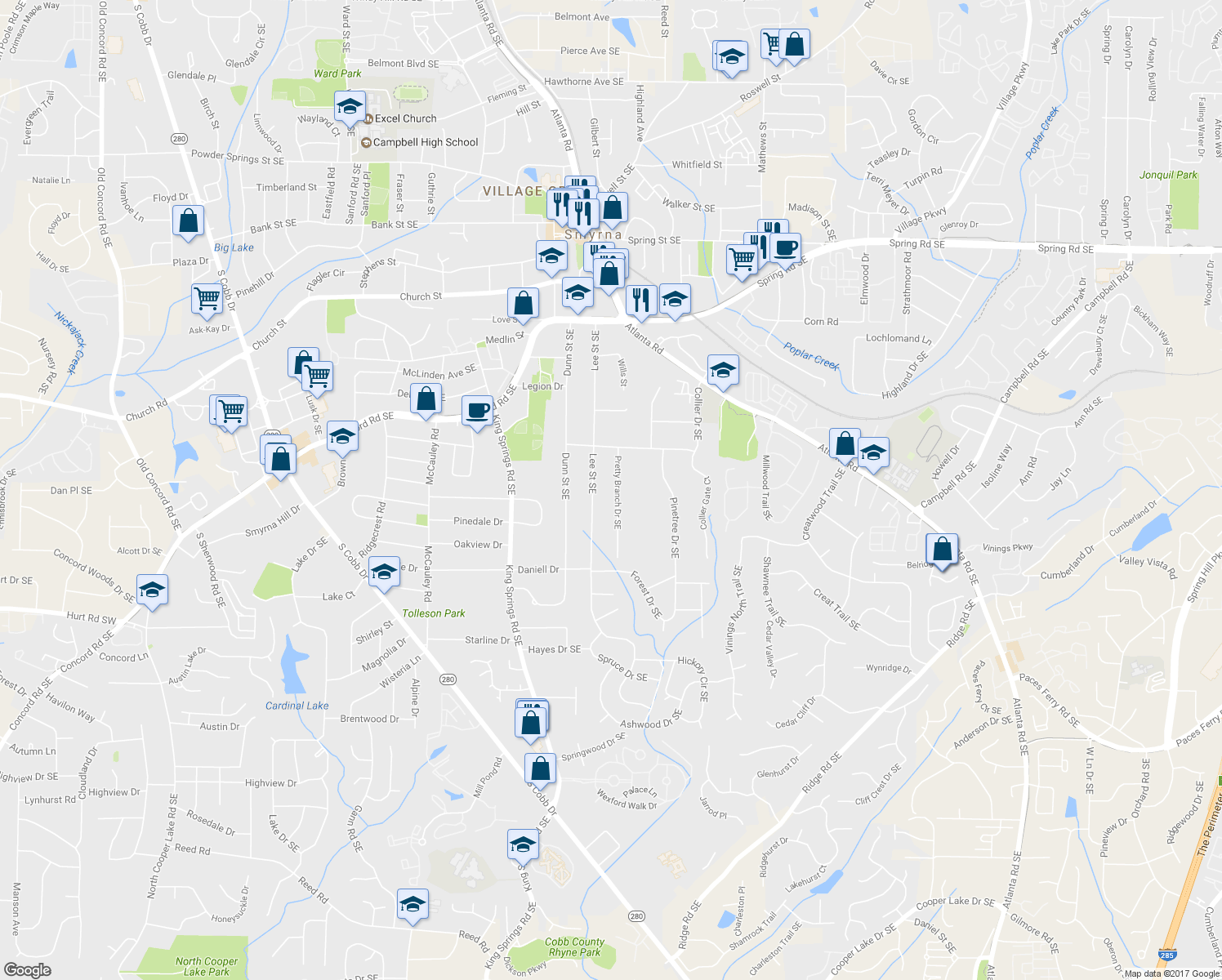 map of restaurants, bars, coffee shops, grocery stores, and more near 3342 Pretty Branch Drive Southeast in Smyrna