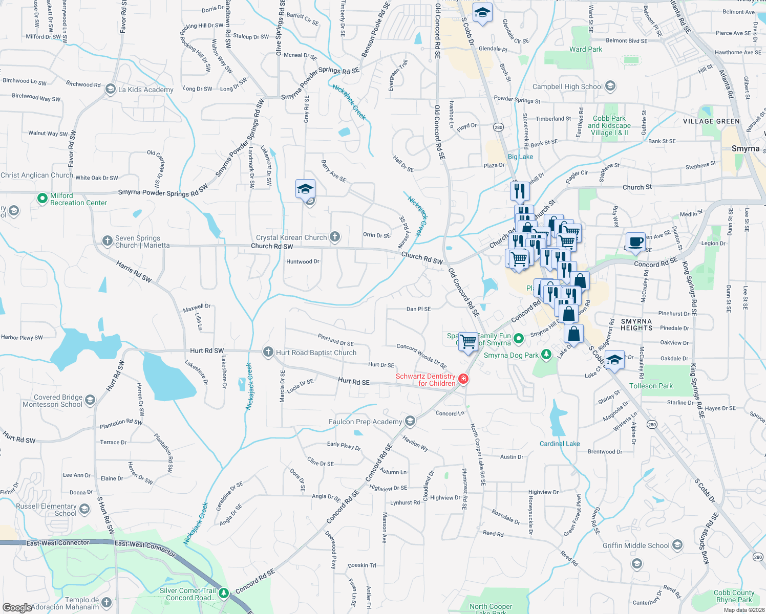 map of restaurants, bars, coffee shops, grocery stores, and more near 3318 Creek Valley Drive Southeast in Smyrna