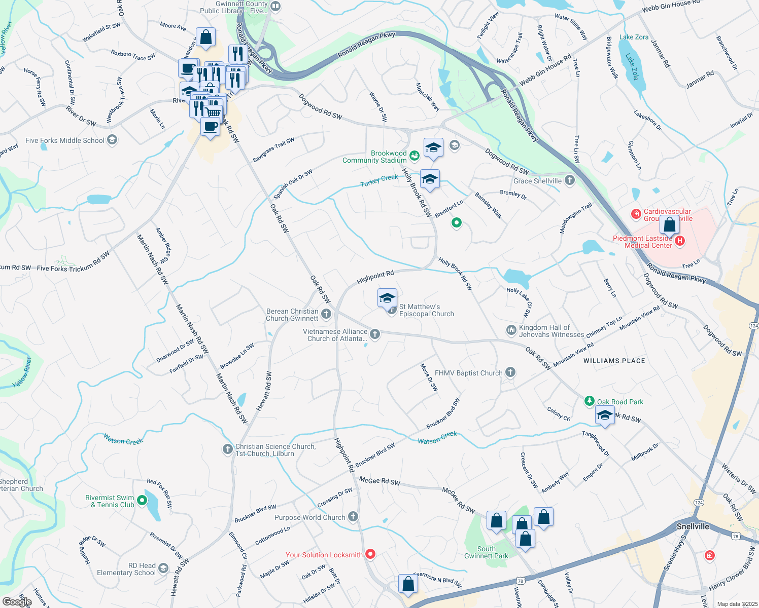 map of restaurants, bars, coffee shops, grocery stores, and more near 2941 Brookside Run Southwest in Snellville