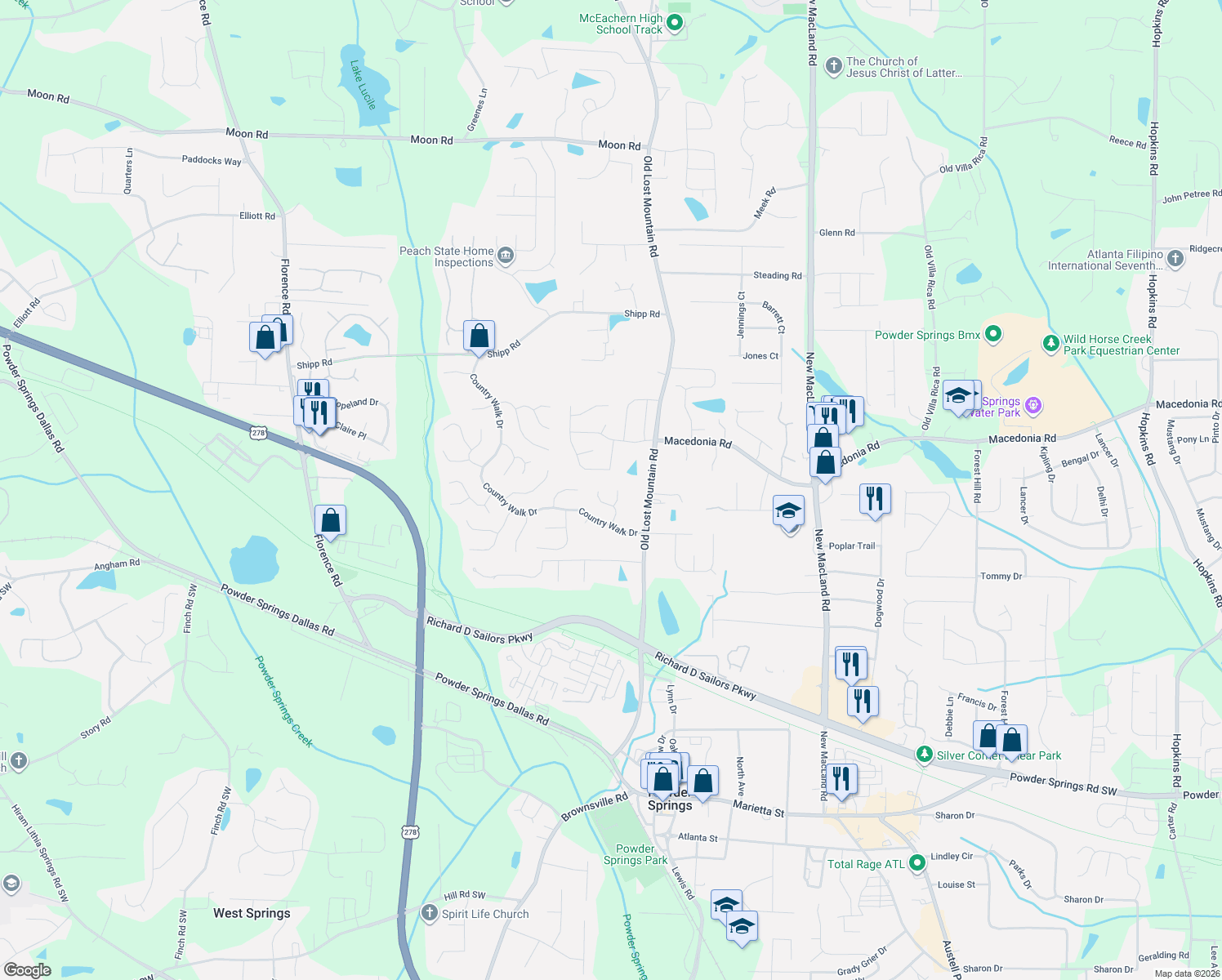 map of restaurants, bars, coffee shops, grocery stores, and more near 3372 Trailside Ct in Powder Springs