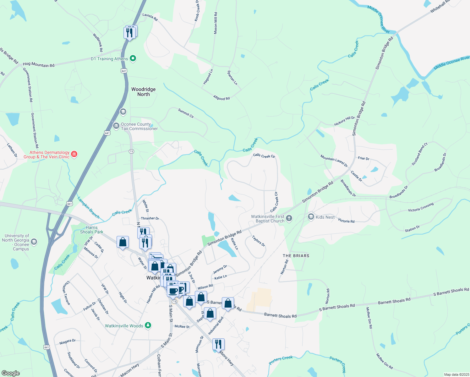 map of restaurants, bars, coffee shops, grocery stores, and more near 1260 Simonton Dr in Watkinsville