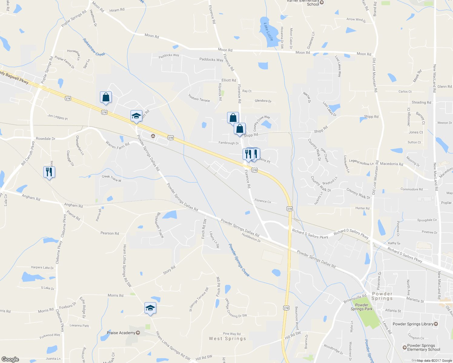 map of restaurants, bars, coffee shops, grocery stores, and more near 3327 Thornbridge Drive in Powder Springs