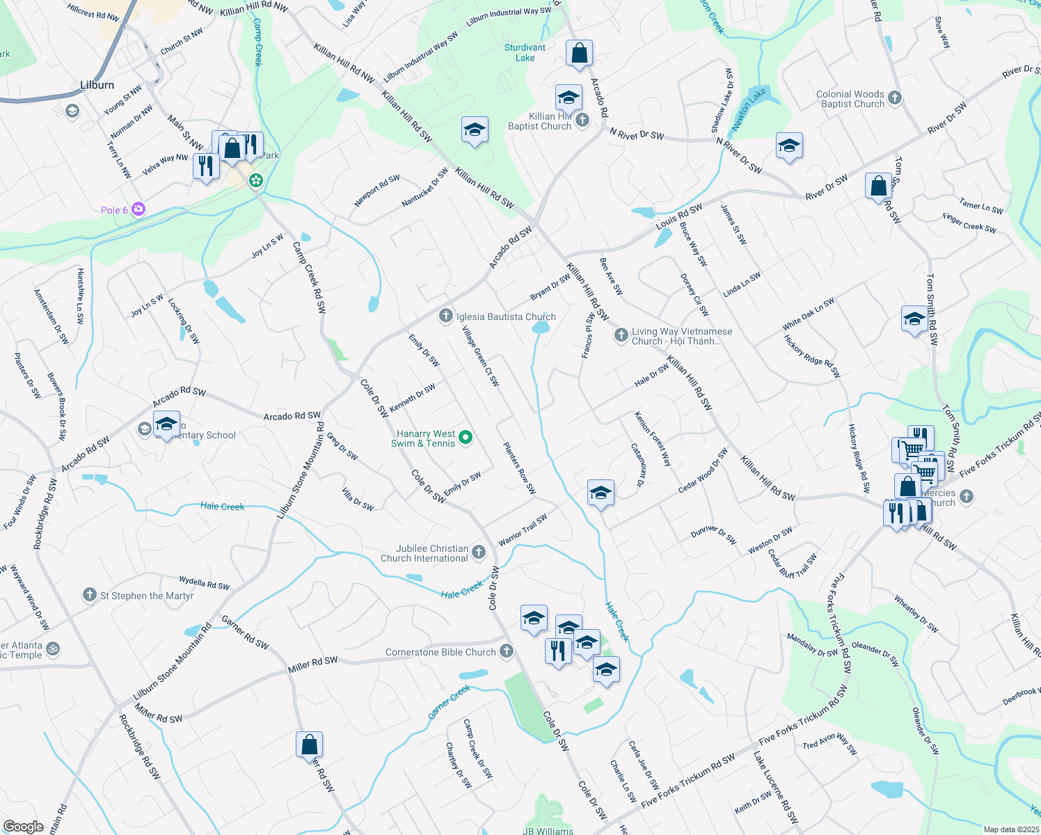 map of restaurants, bars, coffee shops, grocery stores, and more near 530 Village Green Court Southwest in Lilburn