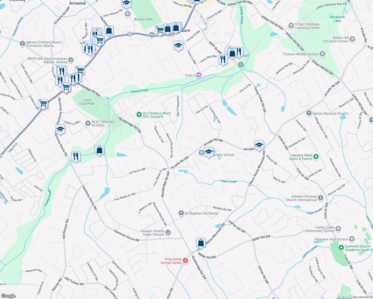 map of restaurants, bars, coffee shops, grocery stores, and more near 195 Cross Creek Drive in Lilburn