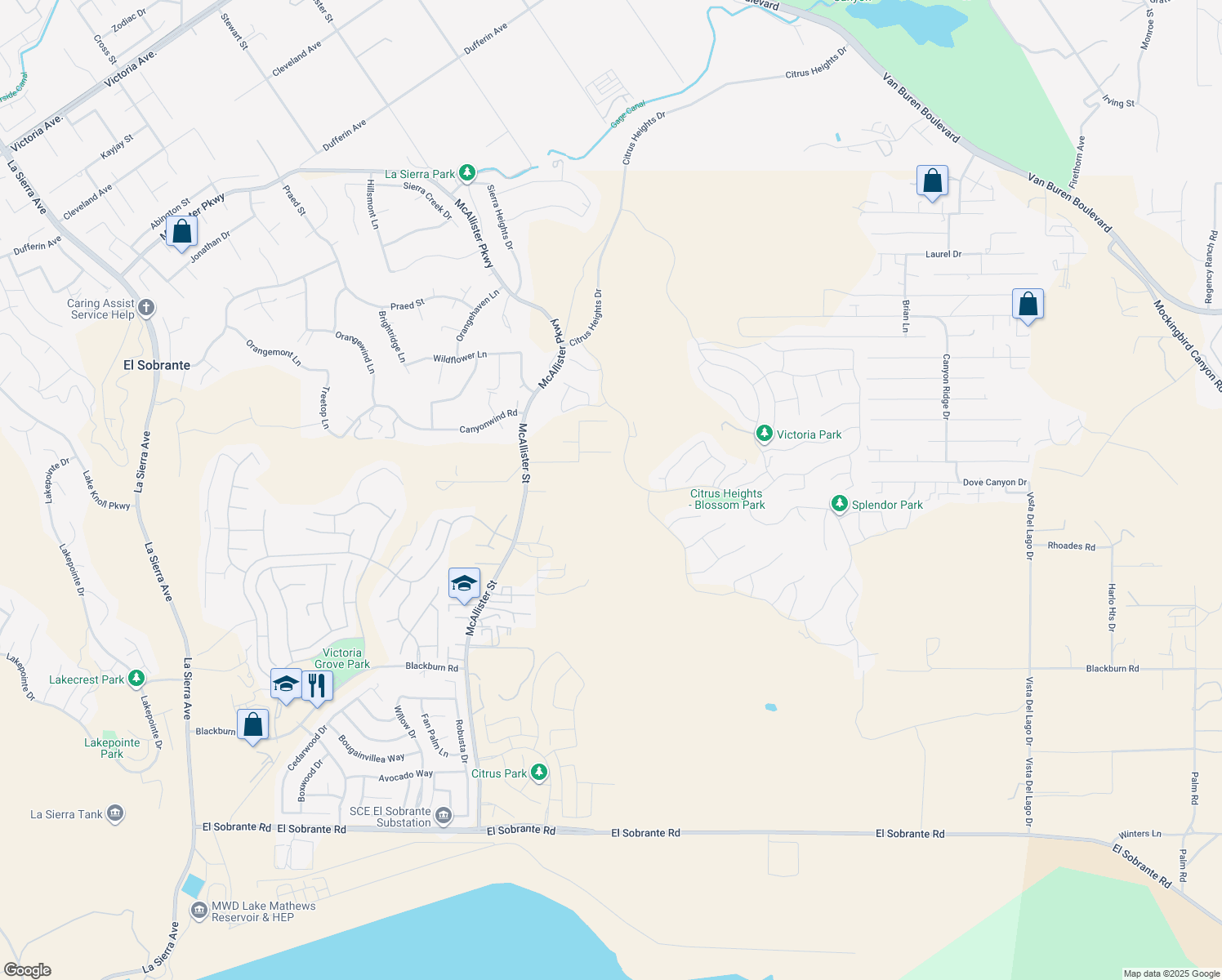 map of restaurants, bars, coffee shops, grocery stores, and more near Sweet Avenue in Riverside