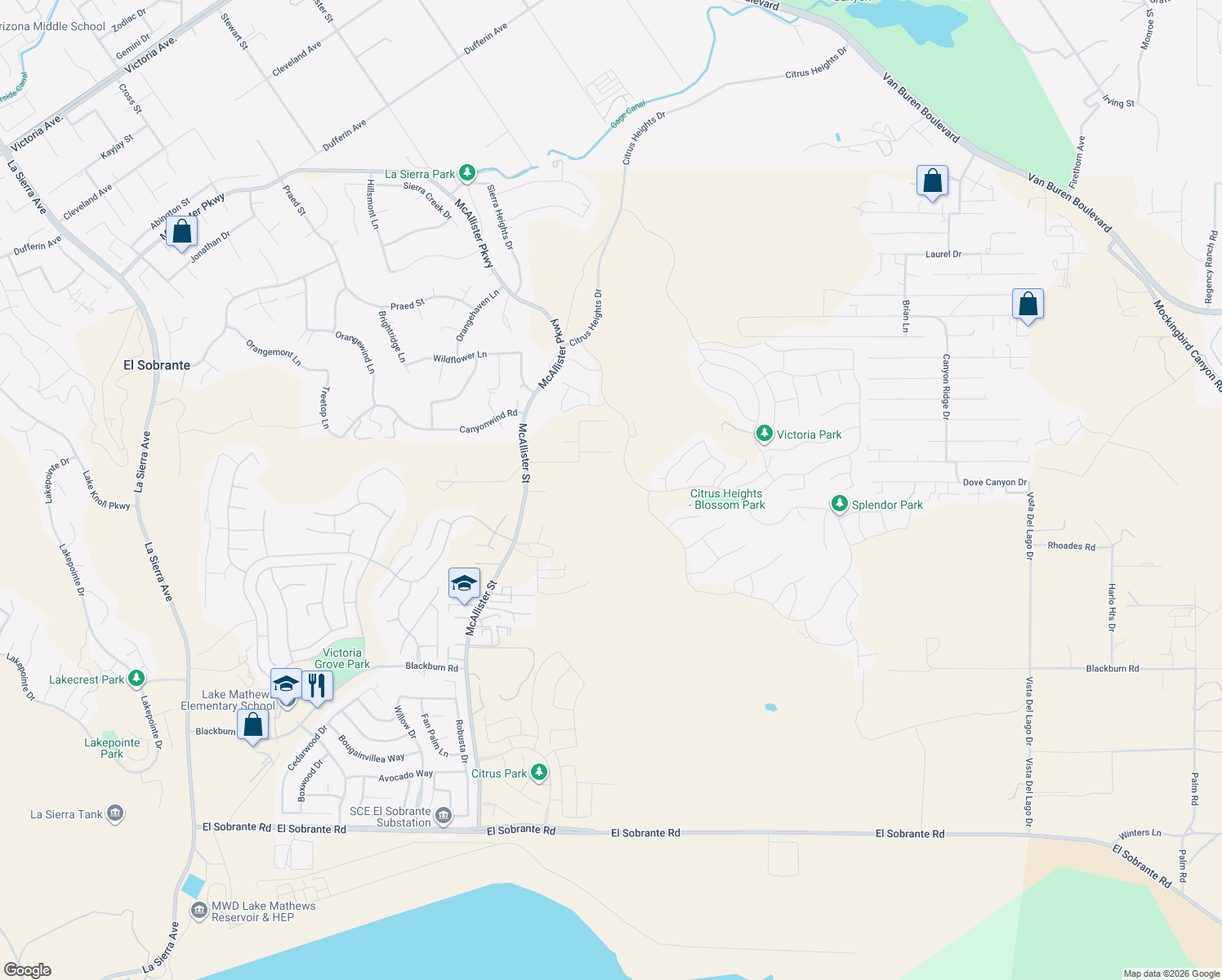 map of restaurants, bars, coffee shops, grocery stores, and more near Sweet Avenue in Riverside