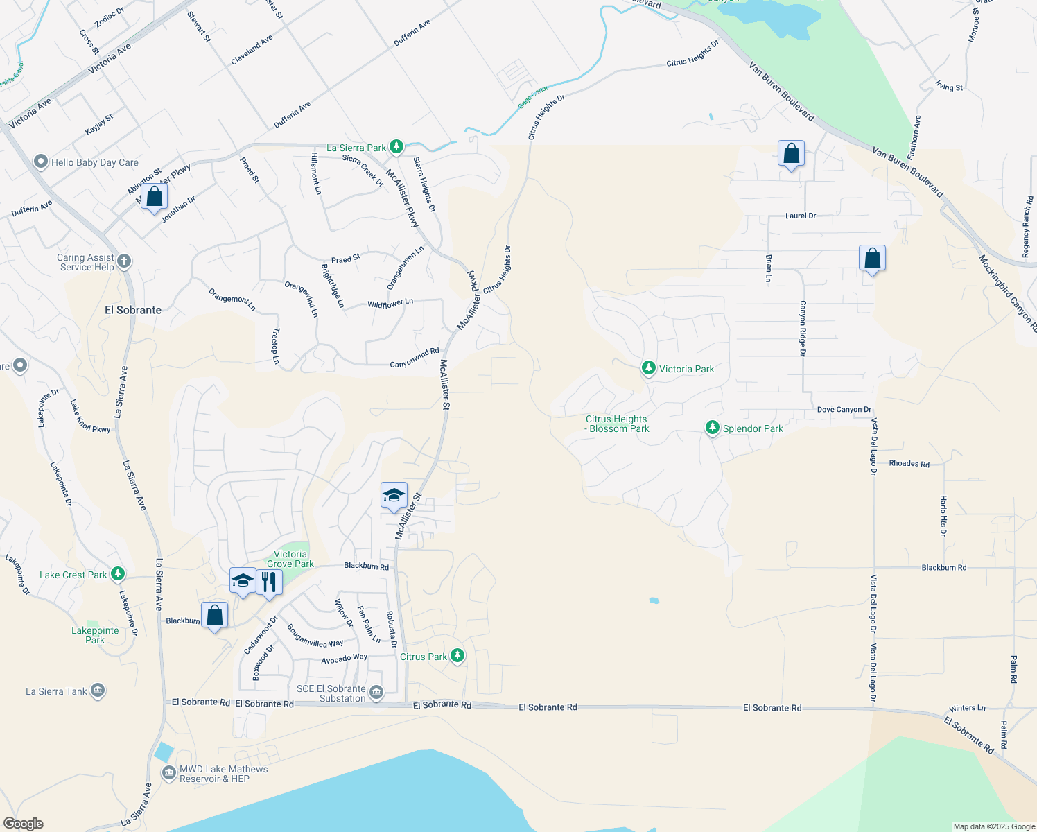 map of restaurants, bars, coffee shops, grocery stores, and more near Via Verrazano in Riverside